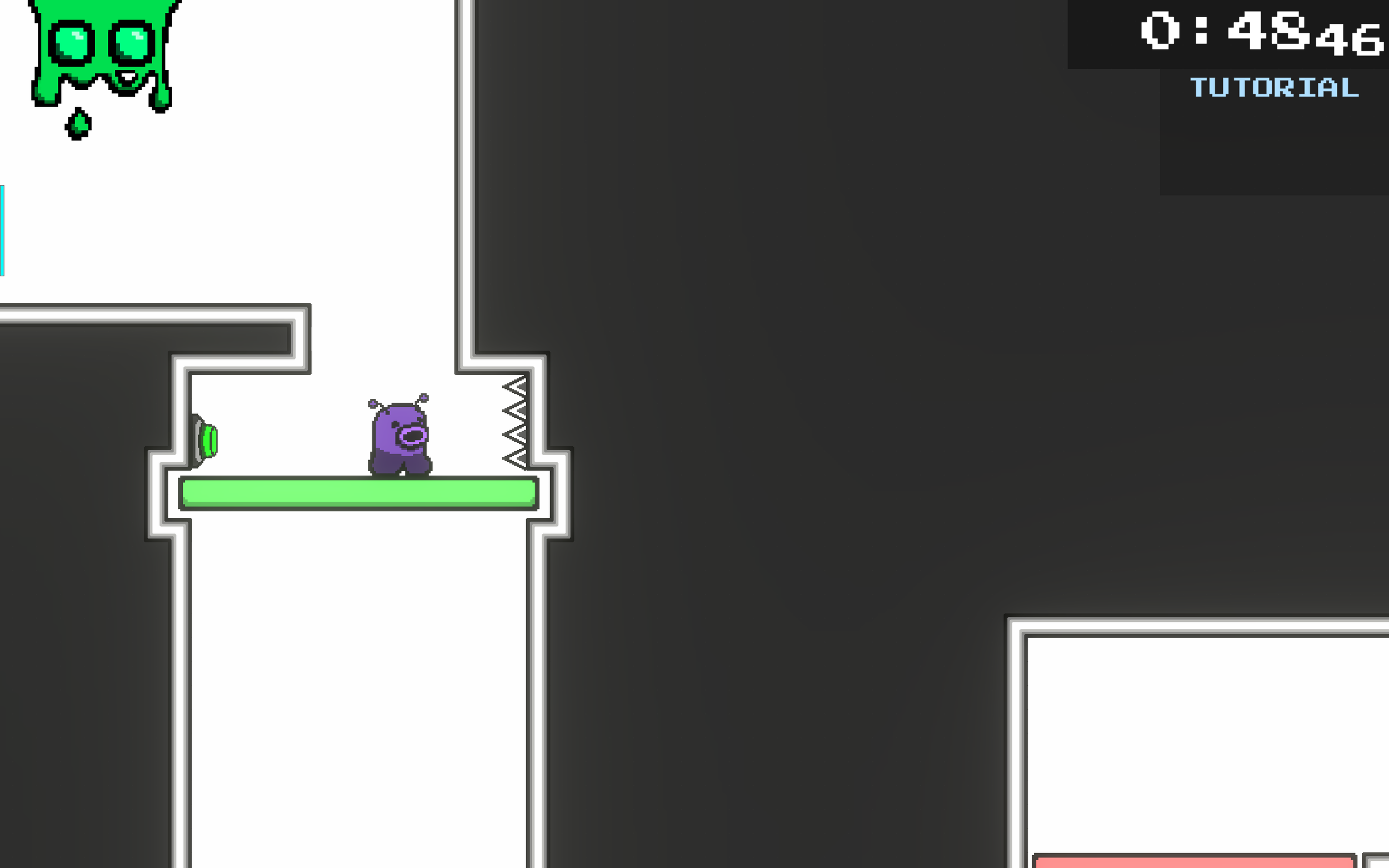 The tutorial’s twist comes here. If the player shoots left, they fling themself into the spikes. Instead, the player must shoot left to deactivate the platform. The player learns through this that buttons can both be pressed with projectiles and the 