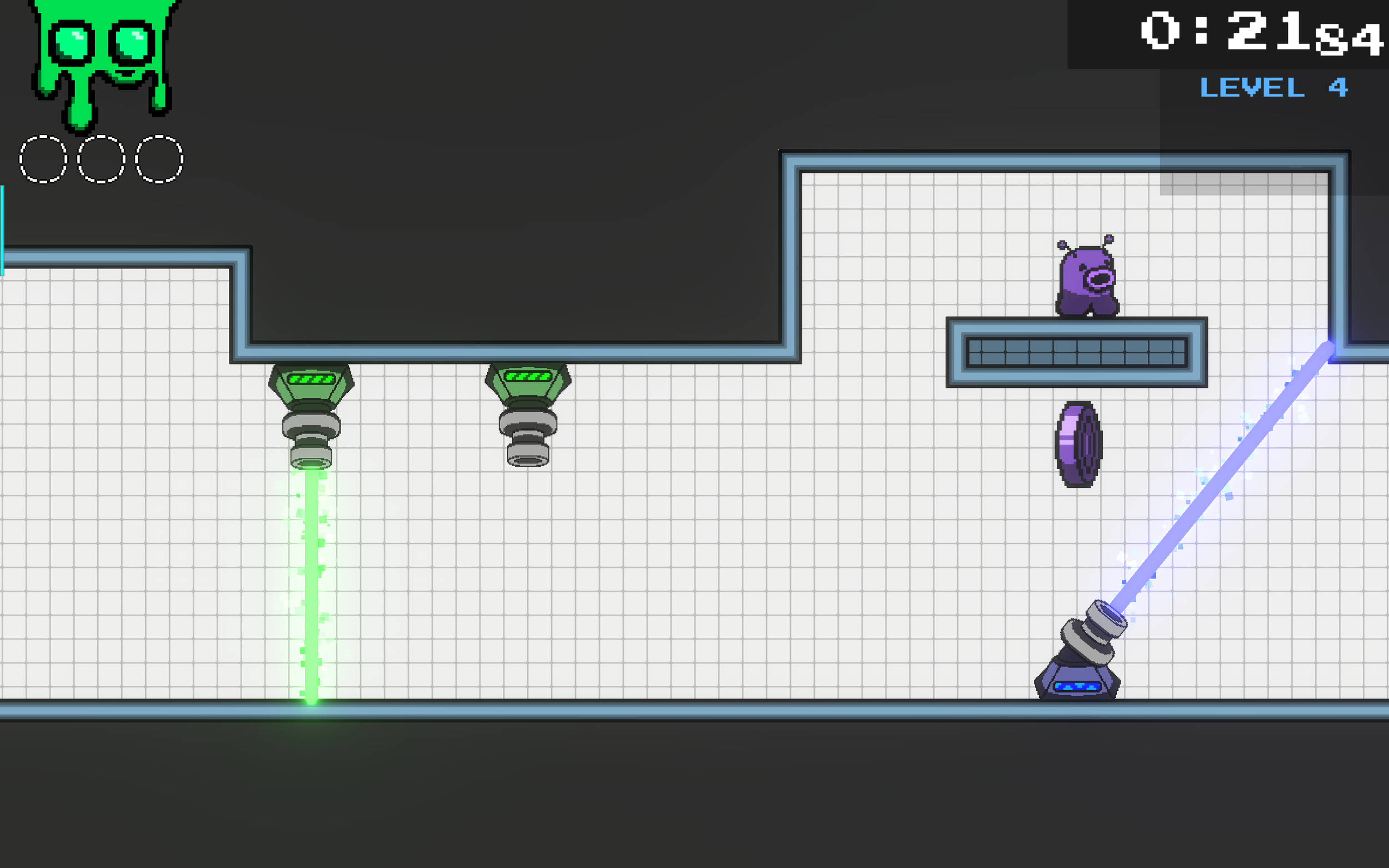 The very next challenge involves navigating past a sweeping laser, which moves back and forth through a 90-degree arc without turning off. 