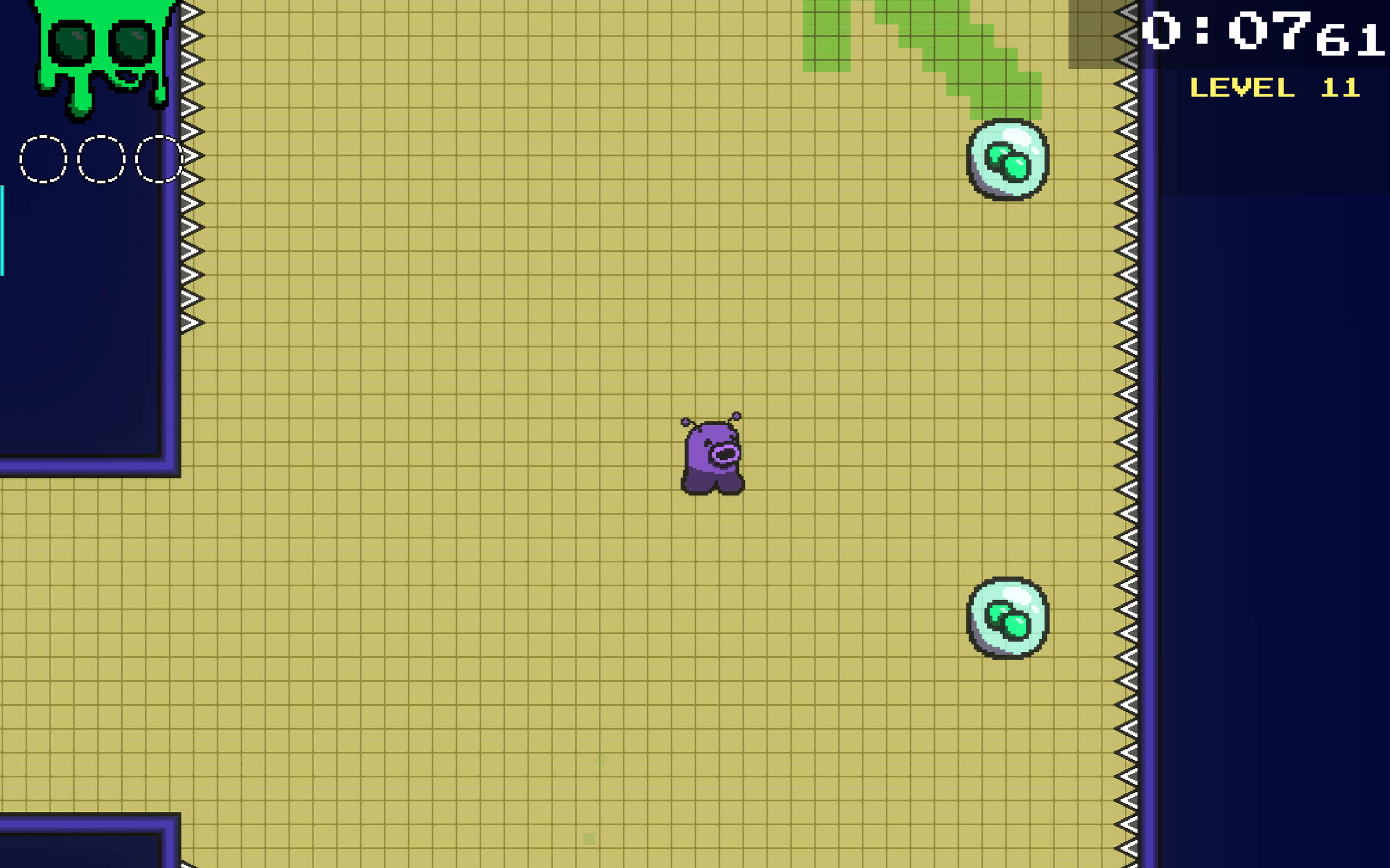 Level 11 is all about being comfortable being in the air for long stretches at a time. This first challenge is a tall vertical room with bullet bubbles near the right and left sides. The player needs to use each shot to continue progressing verticall