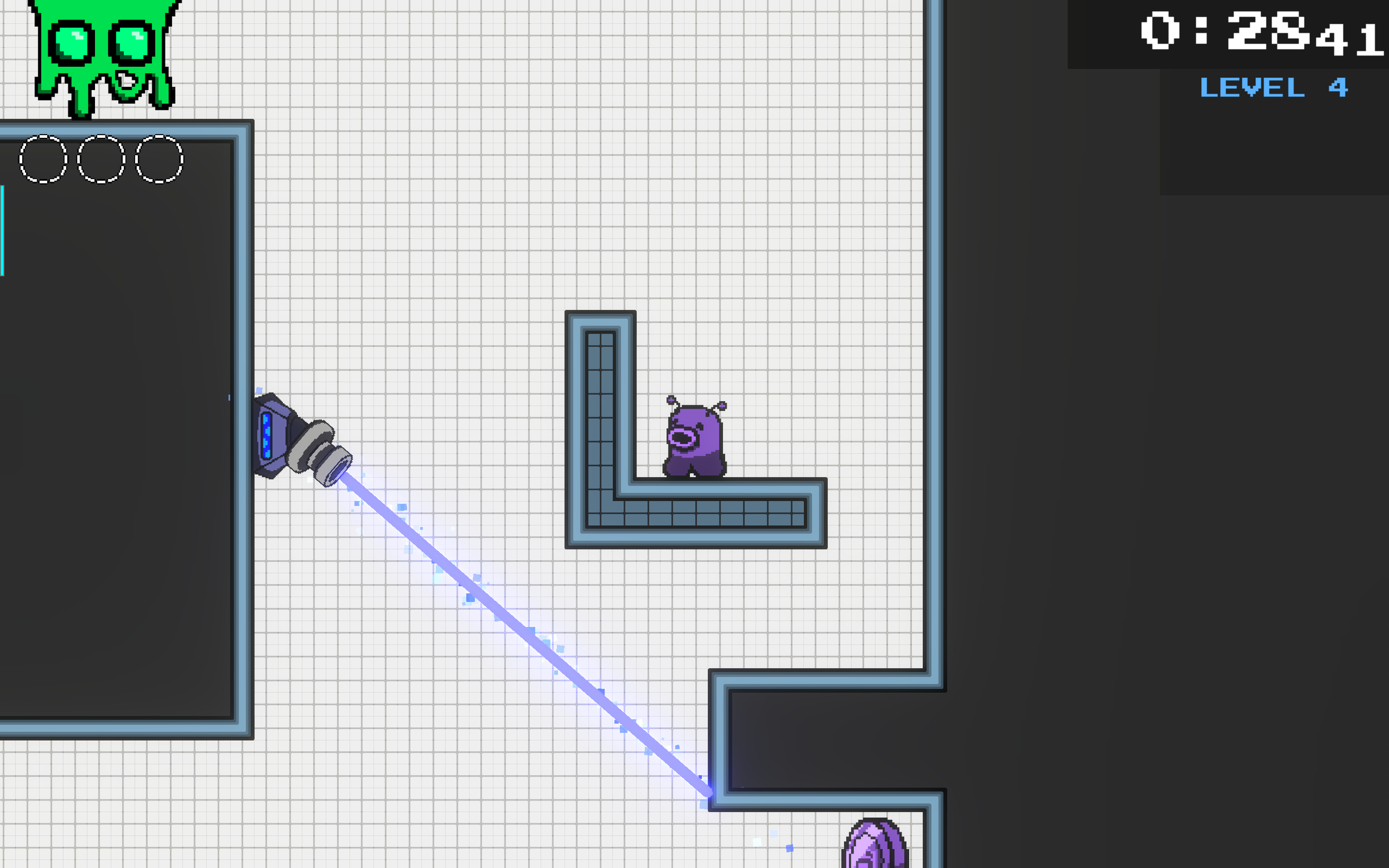 Then finally, the level ends with another sweeping laser challenge, instead this time, the laser moves up and down. This changes how the player approaches the challenge.