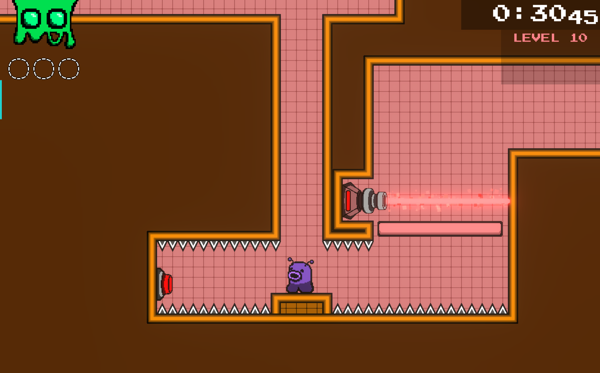 Here is a development of that same idea; first shoot left to hit the button, then quickly shoot down to propel yourself up to clear the platform when the laser is already off. 