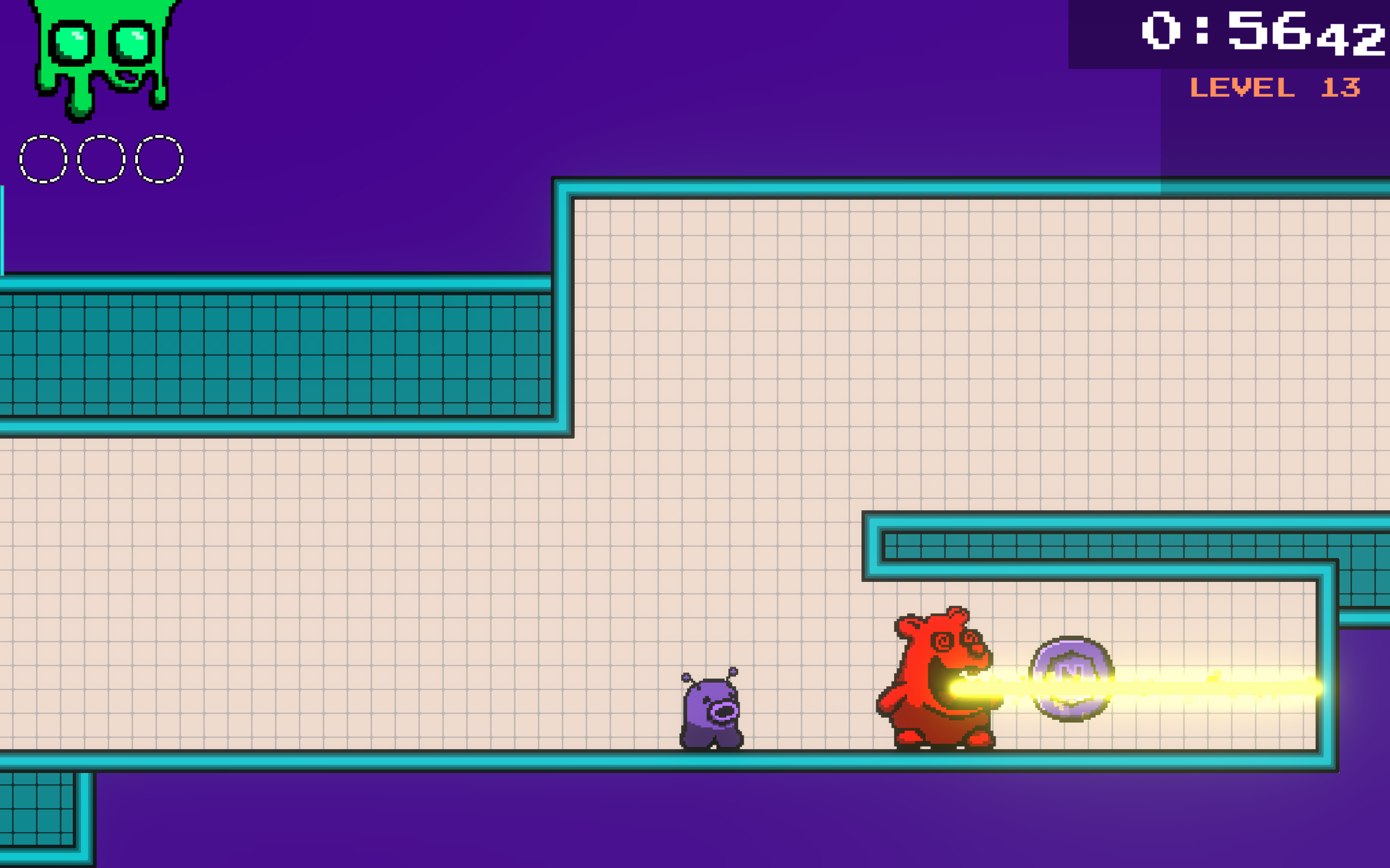 The final section of this level requires the player to be aware of a hamster who can spit a laser a far horizontal distance. To get the last coin, the player needs to sneak behind the hamster until they can just reach the coin without being touched.