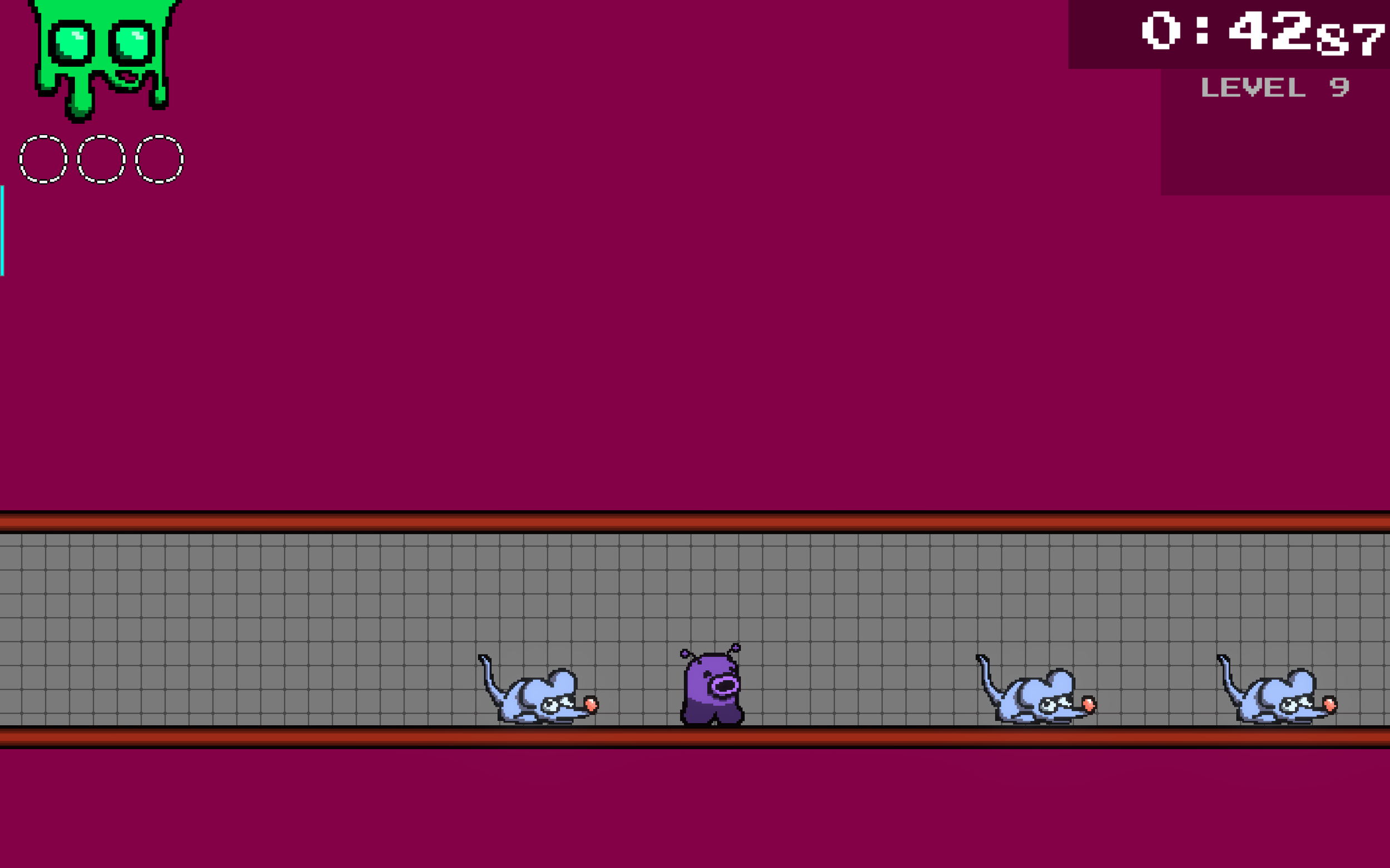 The next room has more rats and a much lower ceiling. The player can shoot these rats to eliminate them, or try to navigate up and over each one. The low ceiling changes the player approaches this challenge. 