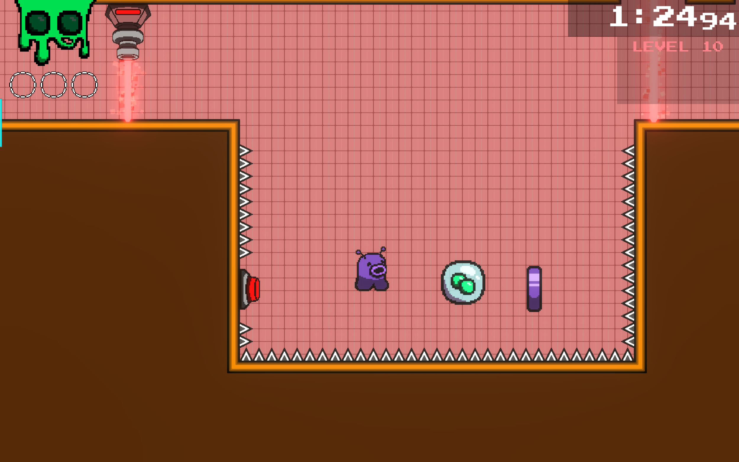 The final challenge involves shooting a button deep in a pit of spikes, then recovering using two full shots granted by a bullet bubble. The player needs to pull off two of these in succession to prove that they have mastered this concept. 