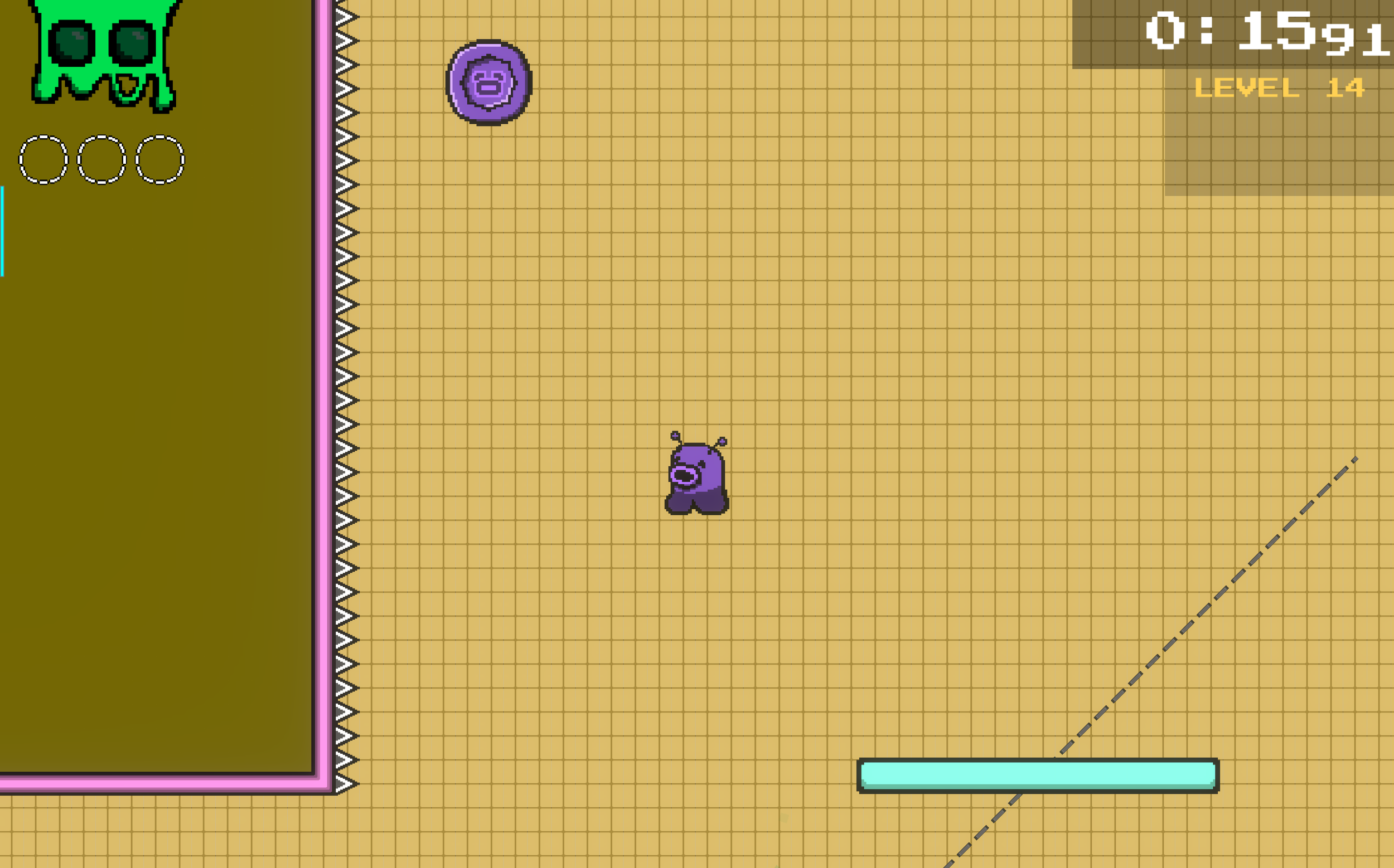 Level 14 reintroduces moving platforms, which follow visible tracks. The first room also hides the level’s first coin.