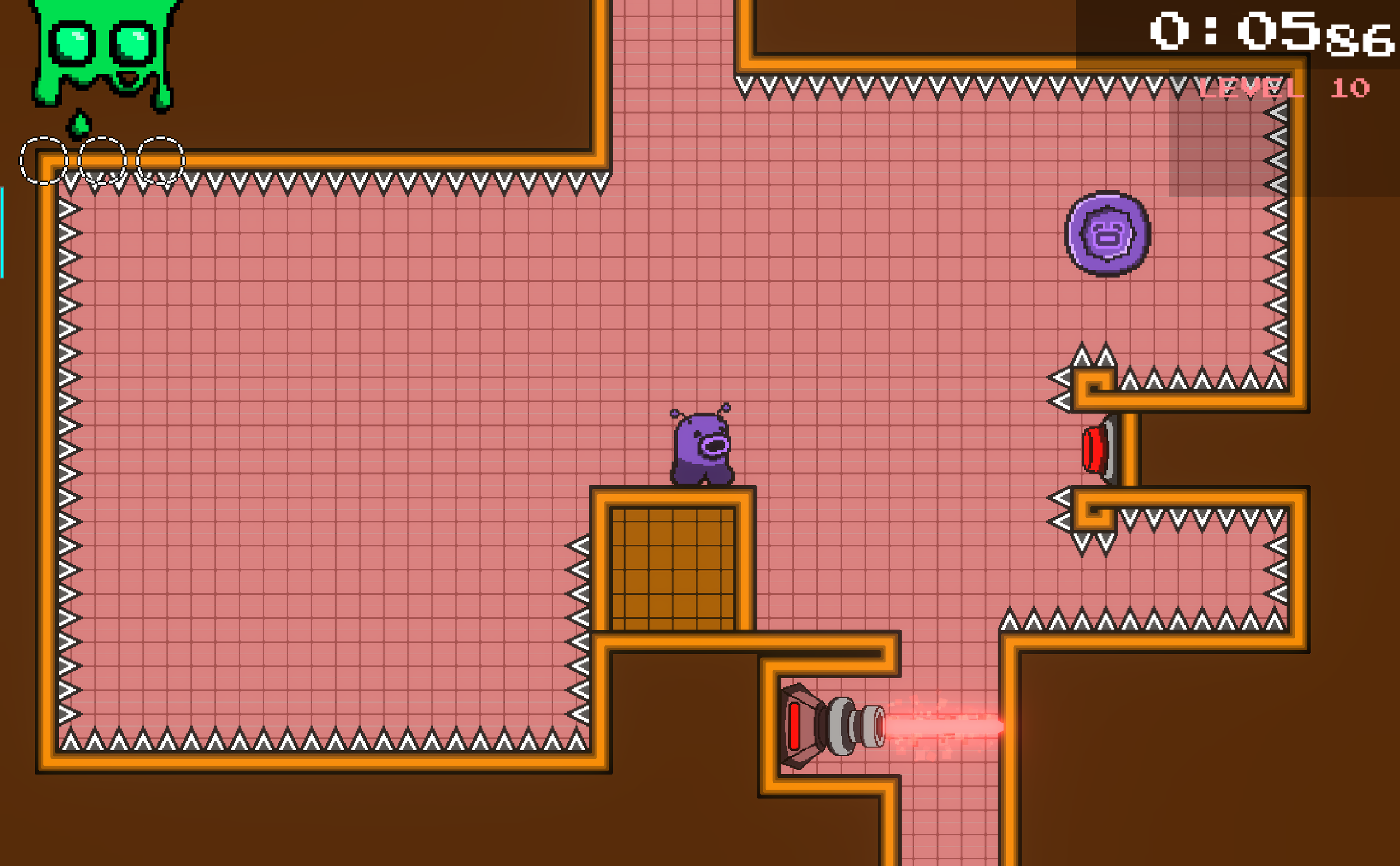 Level 10 has an interesting theme. This level is all about putting yourself in a dangerous position, then escaping it all in one fluid motion. In this first room, the player needs to shoot the button to deactivate the laser, but doing so will propel 