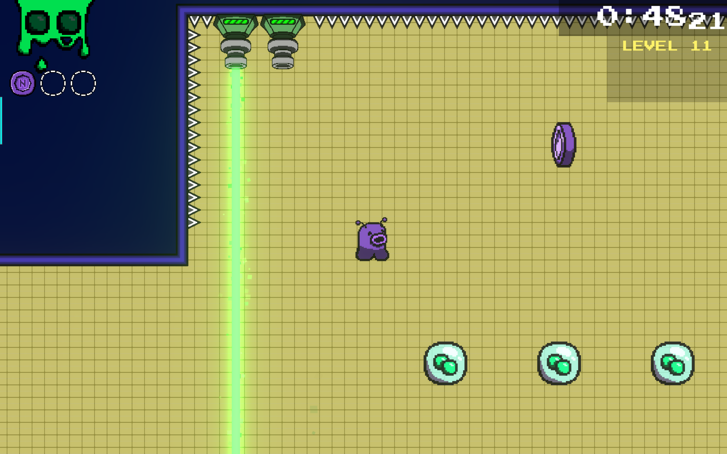 This next room cleverly uses two time-based lasers to dictate when you can enter and leave the room. In this room, the player needs to figure out that they must stall in the air for as much time as possible, making full use of every shot from all thr