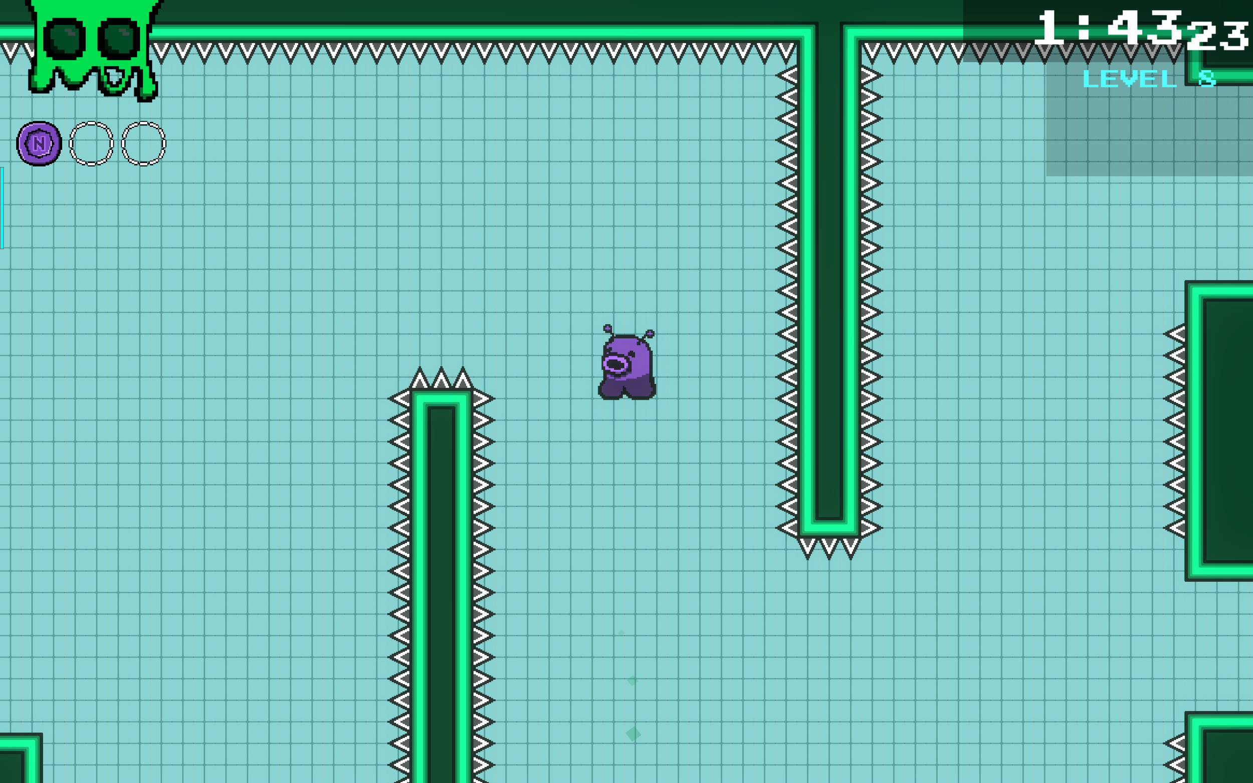 The final section of this level needs the player to be coordinated with proper timing. It combines shooting vertically and shooting horizontally into a challenge that is covered with spikes. 