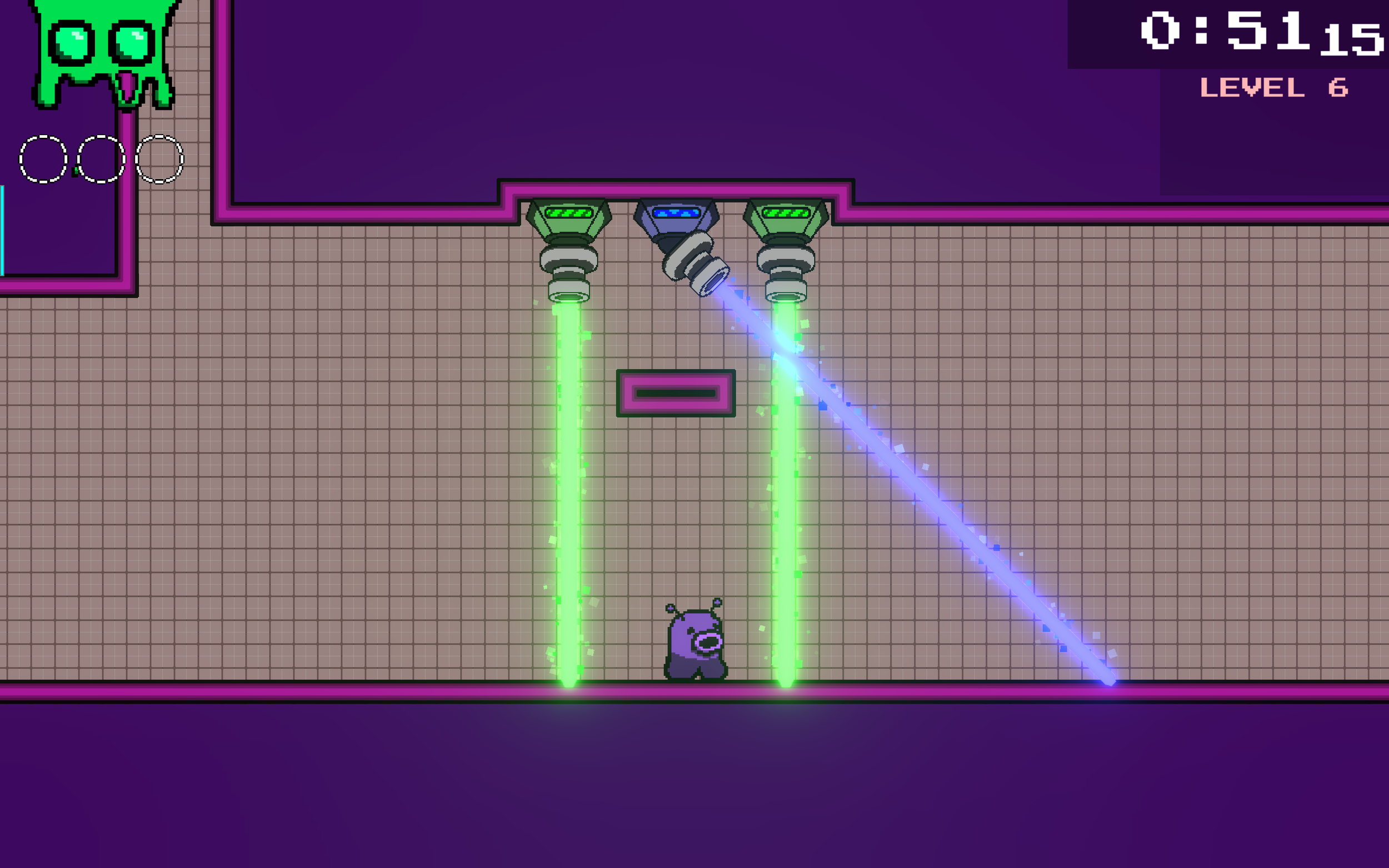This challenge is an evolution of a previous one, where the player now needs to be aware of the timer-based lasers as they avoid the sweeping one.