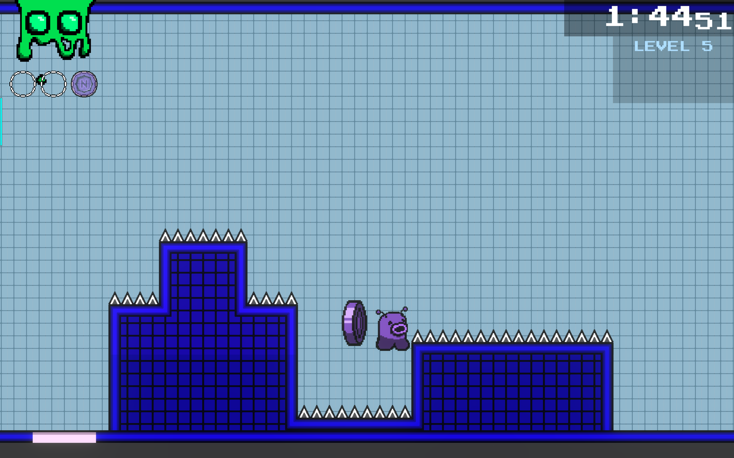 This final section challenges the player to grab a coin after getting a big bounce out of the trampoline to clear the first part of the obstacle, then using bullets while airborne to clear the remainder of the spikes.