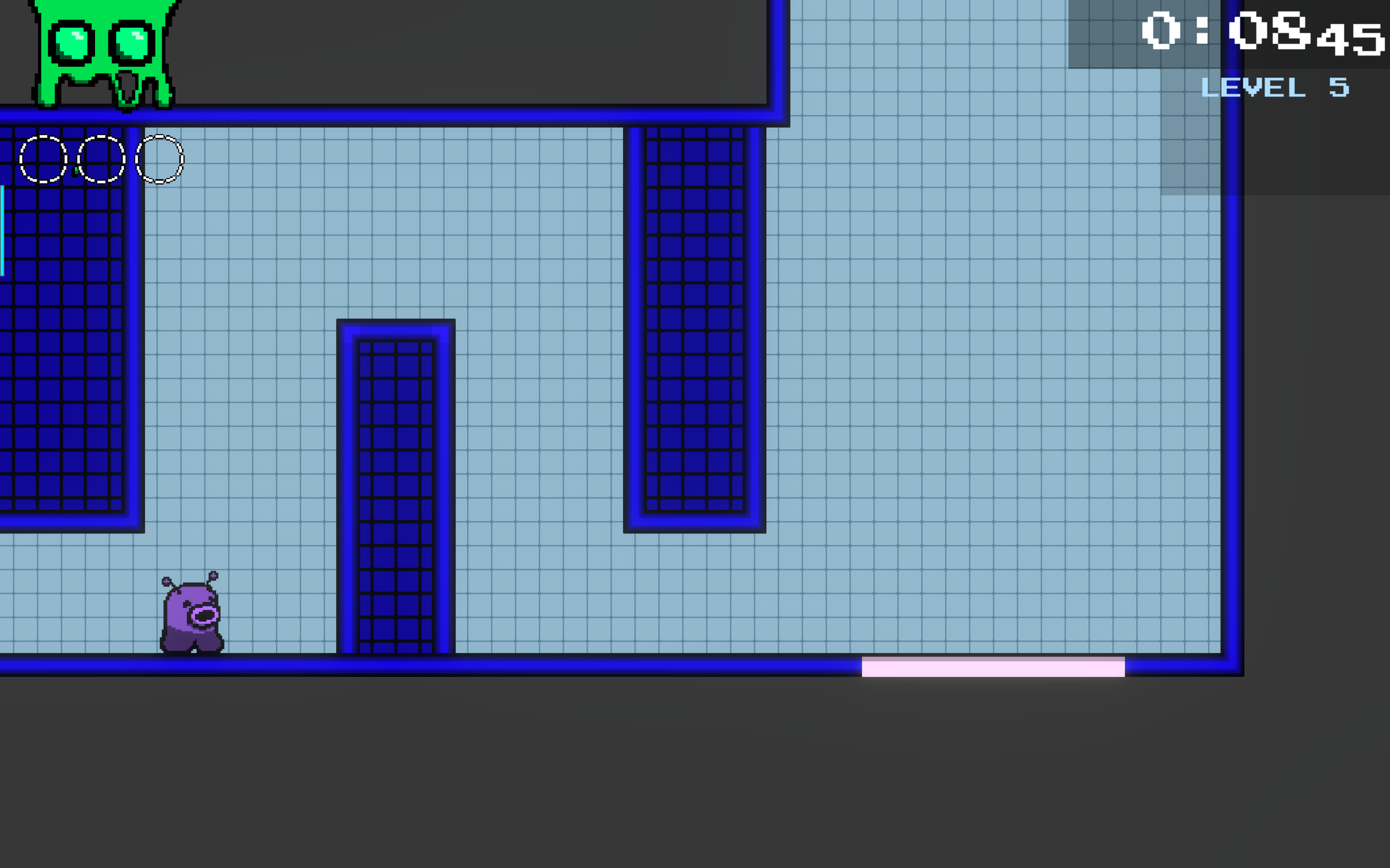 Level 5 is based around these trampoline platforms, which bounce Nasu back up to the height he initially fell from before bouncing on it. The player first navigates between some vertical columns, which come up throughout the level. 