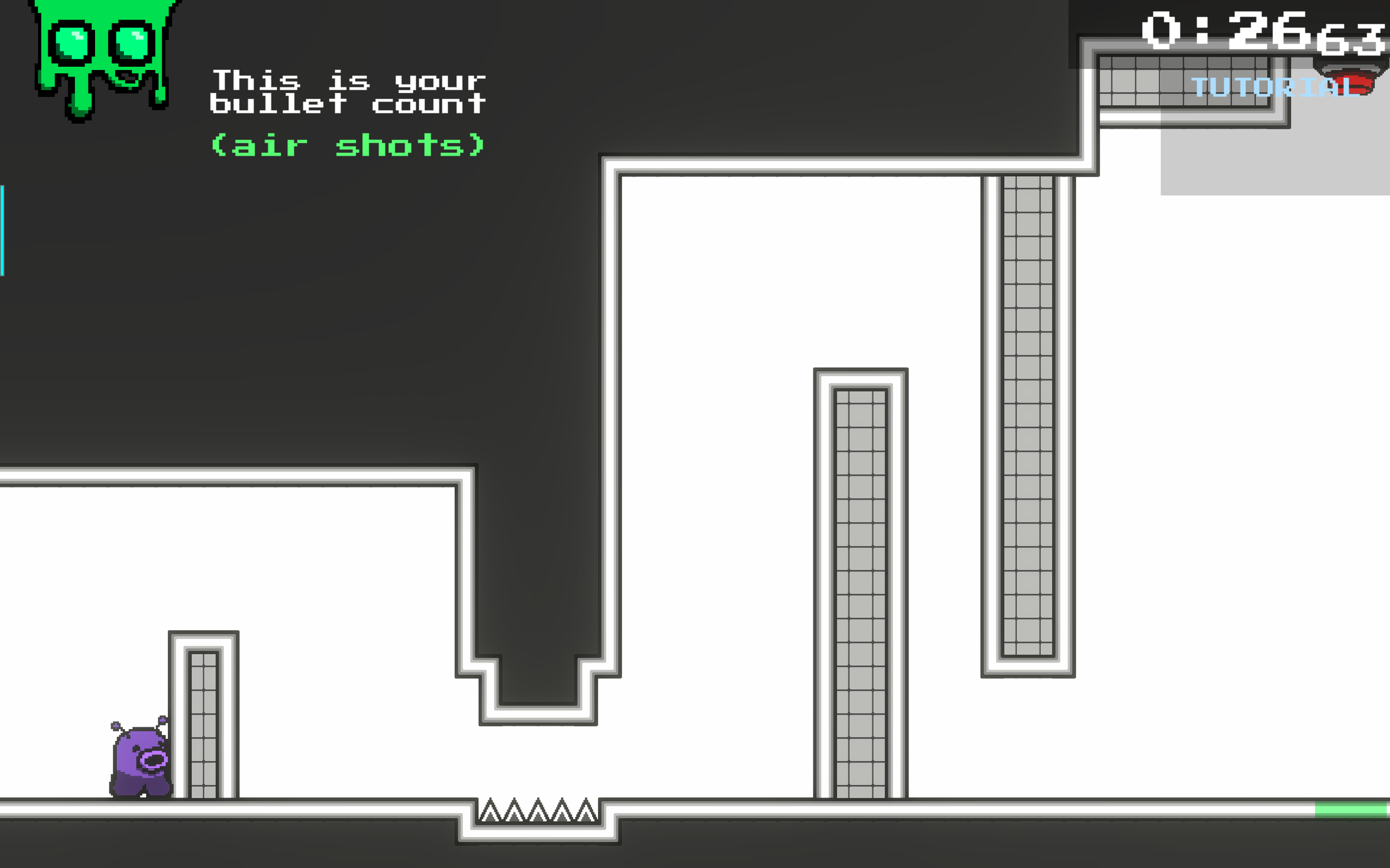 This next section introduces you to your bullet count. In Project Nasu, the player can shoot projectiles from their snout, which propels them in the opposite direction. If they shoot downwards, Nasu is flung upwards. If they shoot left, they are flun