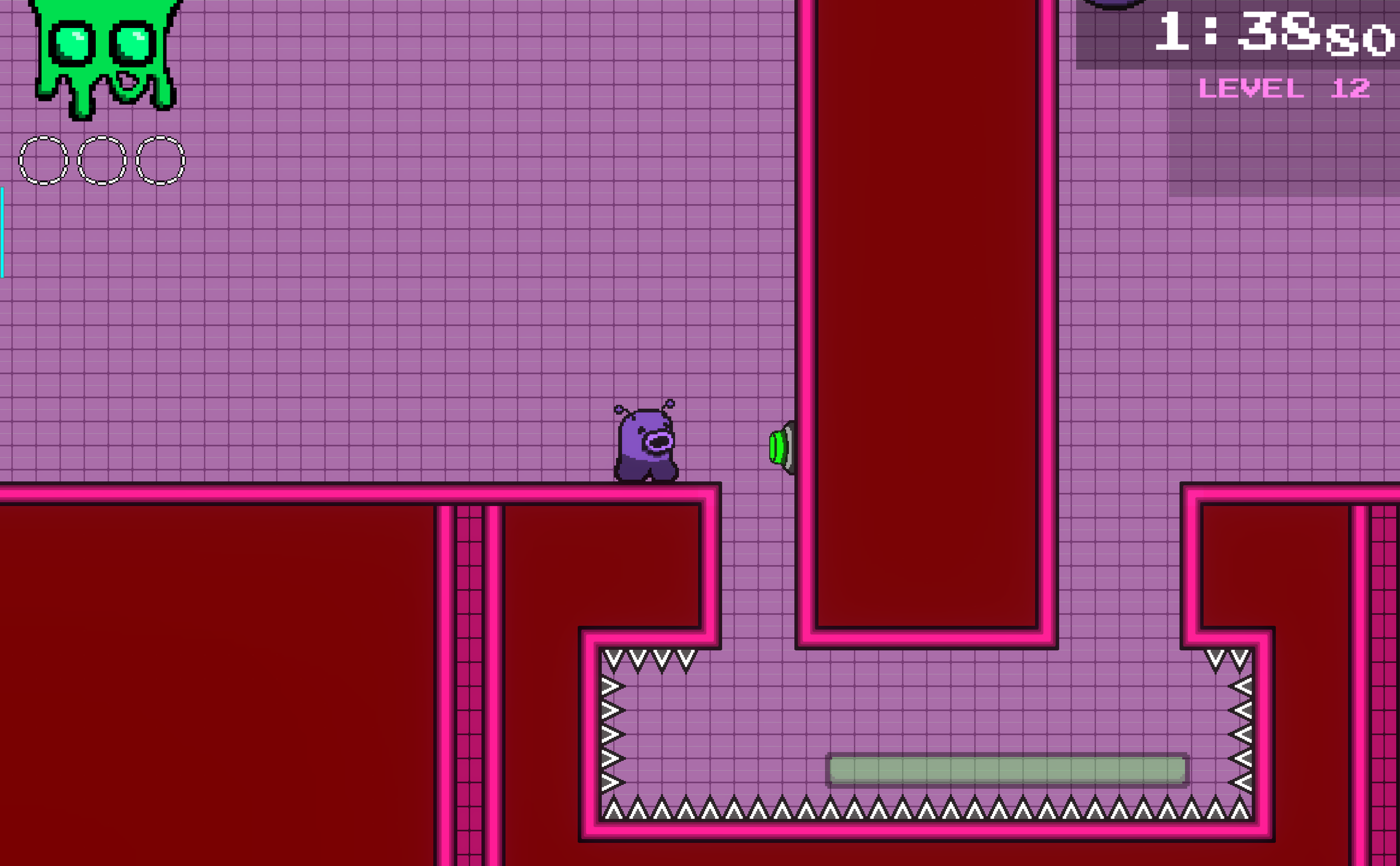 This final challenge requires the player to activate the platform below, then shoot left at the perfect time when they drop down to land on the platform. They also need to get out before the platform deactivates. 