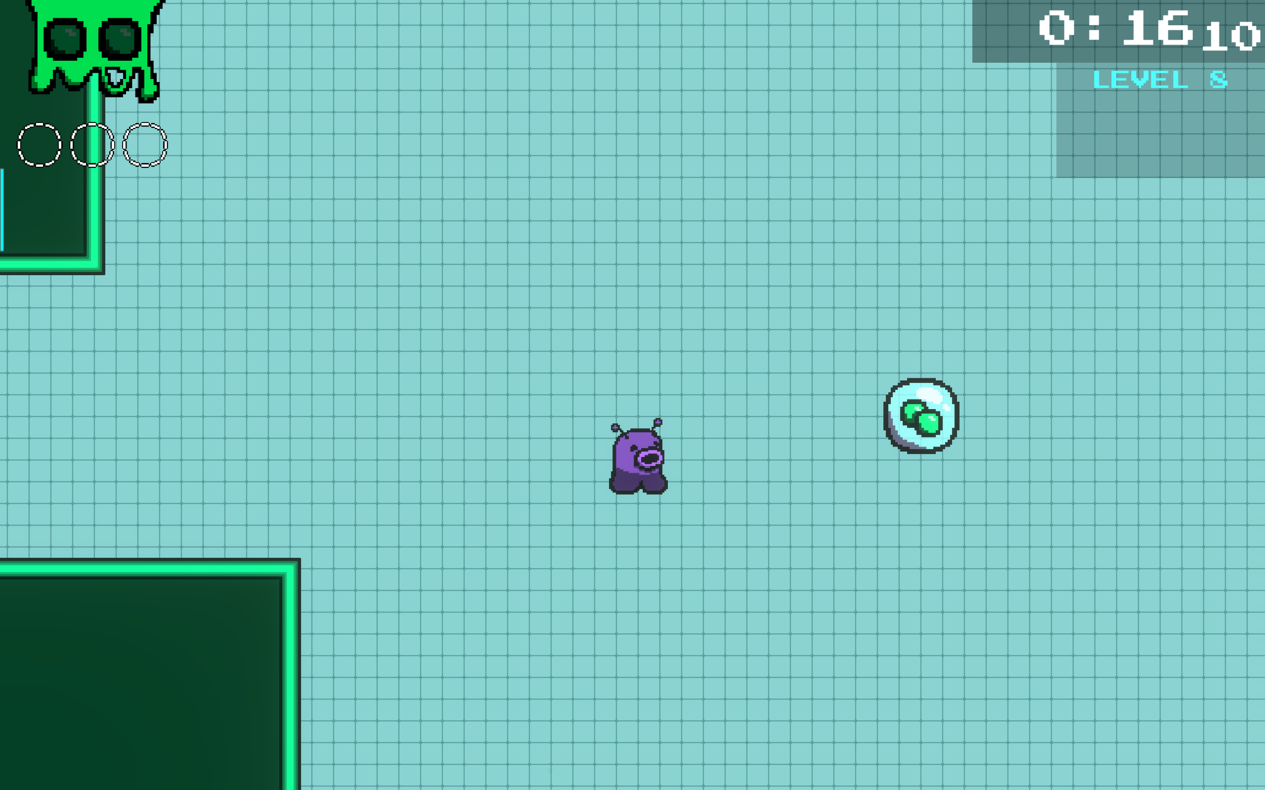 Level 8 contains many expansive areas that utilize the bullet bubbles abundantly. This first area requires the player to use four bullets in total (two at first, two more from the bullet bubble) to cross a large gap.