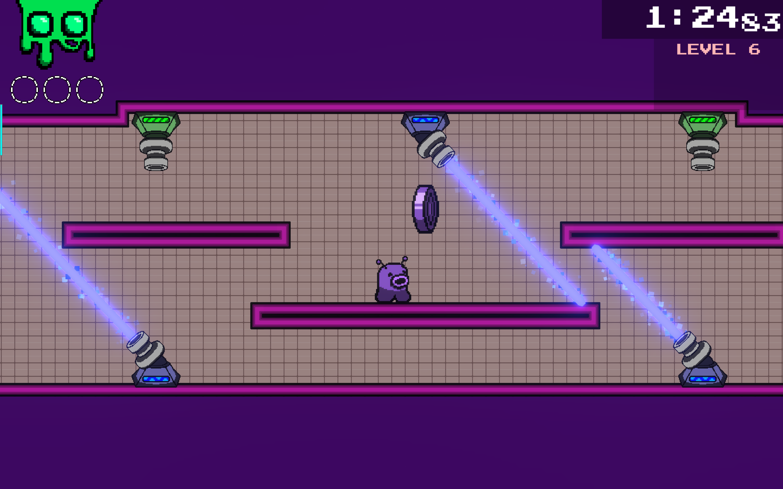 The final challenge of this level involves the player moving past three sweeping lasers while avoiding two timer-based ones as well. The left-right symmetry of this section helps the player navigate it. 