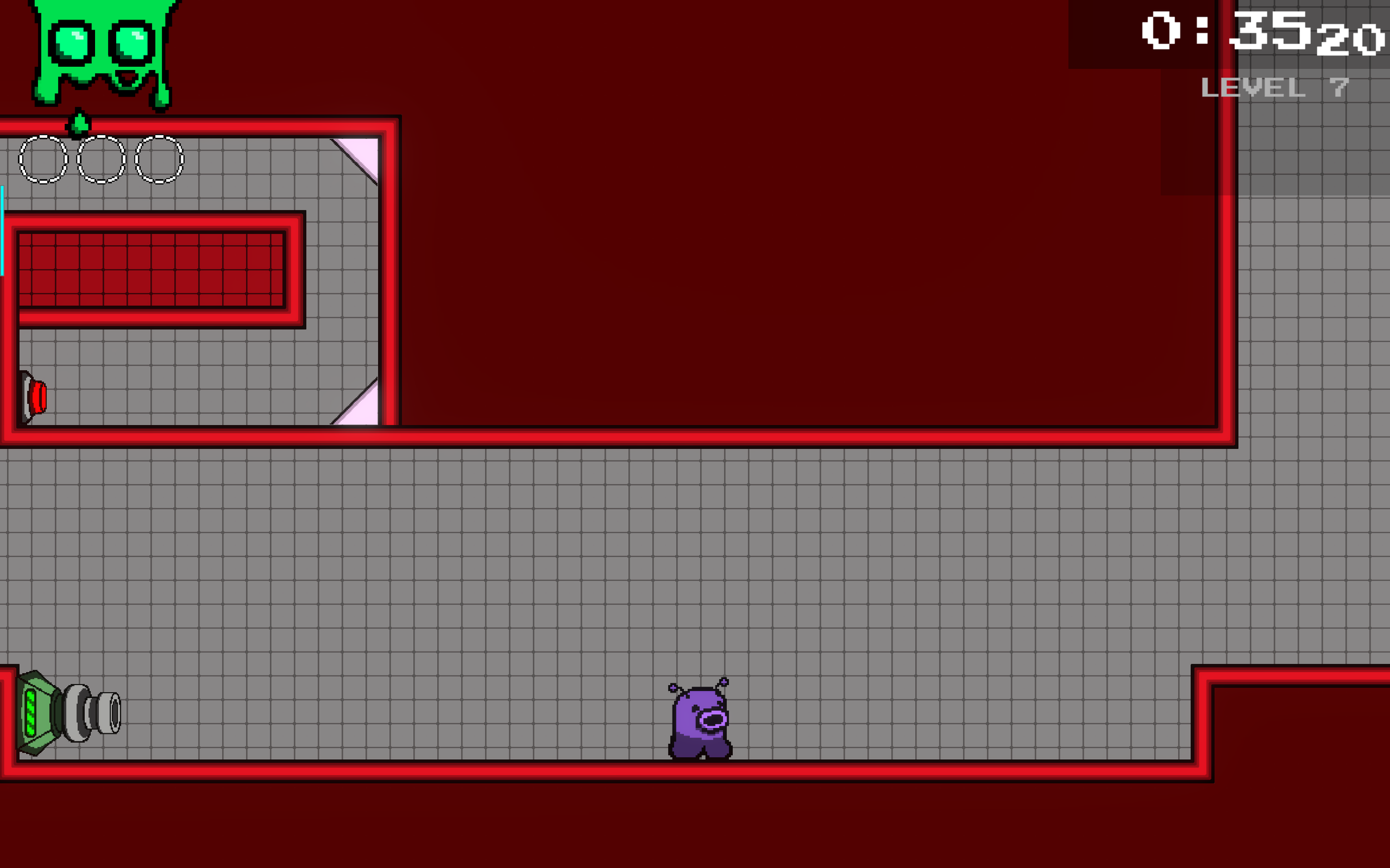 This level also begins with a quick dash across a horizontal section where the player needs to be aware that a time-based laser will turn on again soon.