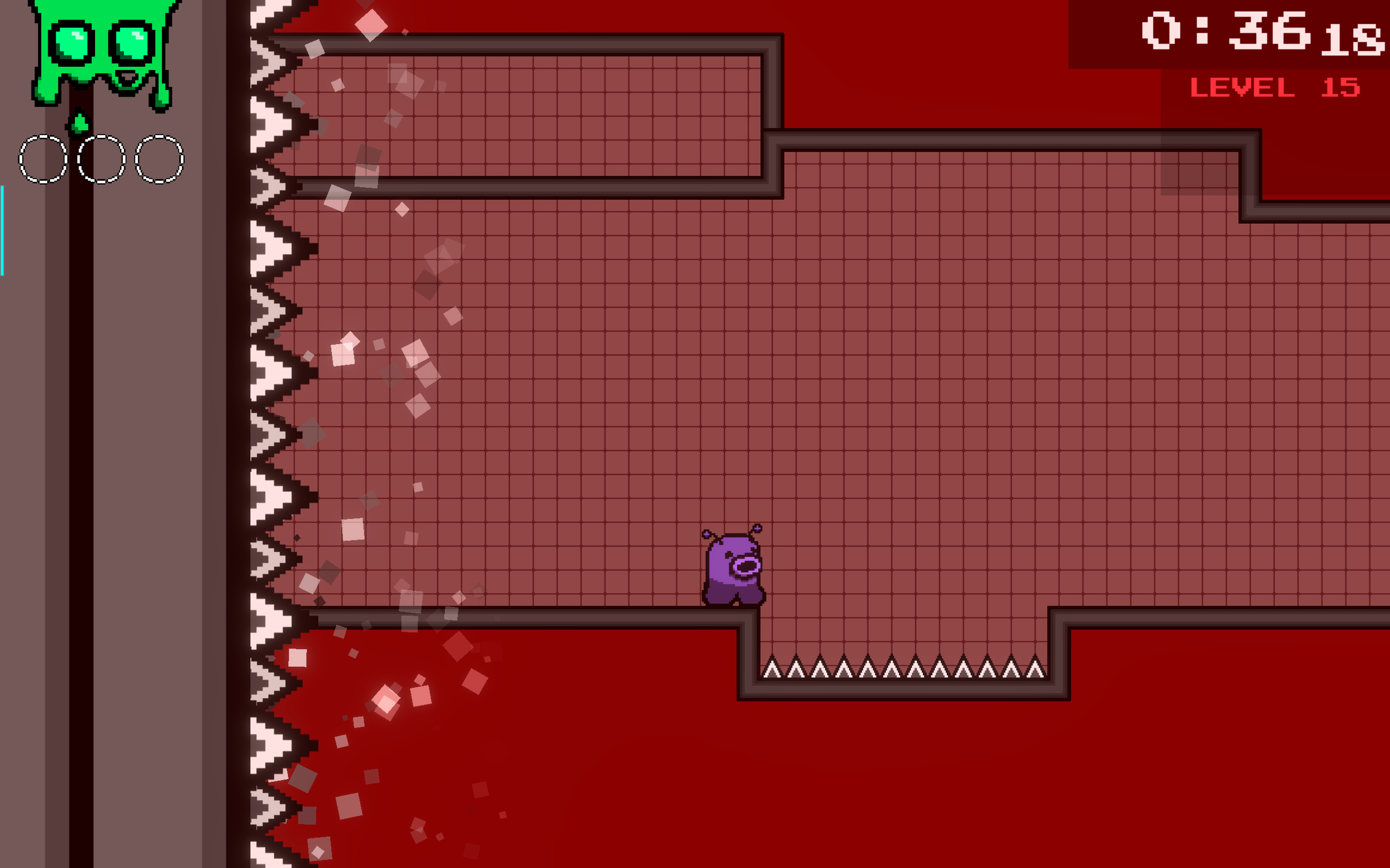 Level 15 is a gauntlet of ridiculous challenges the player faces while running from a deadly wall of spikes. First, one spike pit. Then a spike pit that requires two shots. Then two consecutive spike pits. 