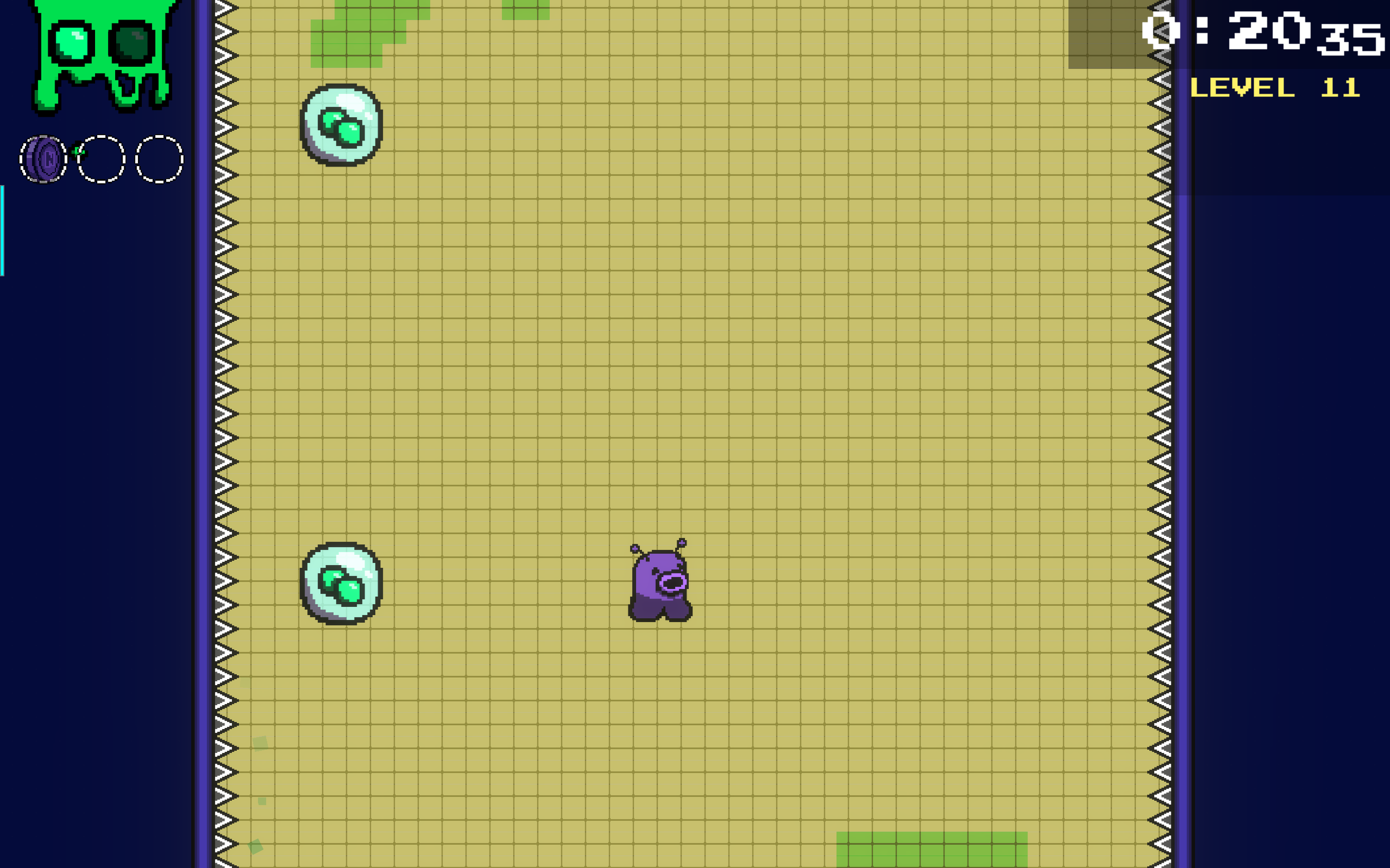 Level 11 is all about being comfortable being in the air for long stretches at a time. This first challenge is a tall vertical room with bullet bubbles near the right and left sides. The player needs to use each shot to continue progressing verticall