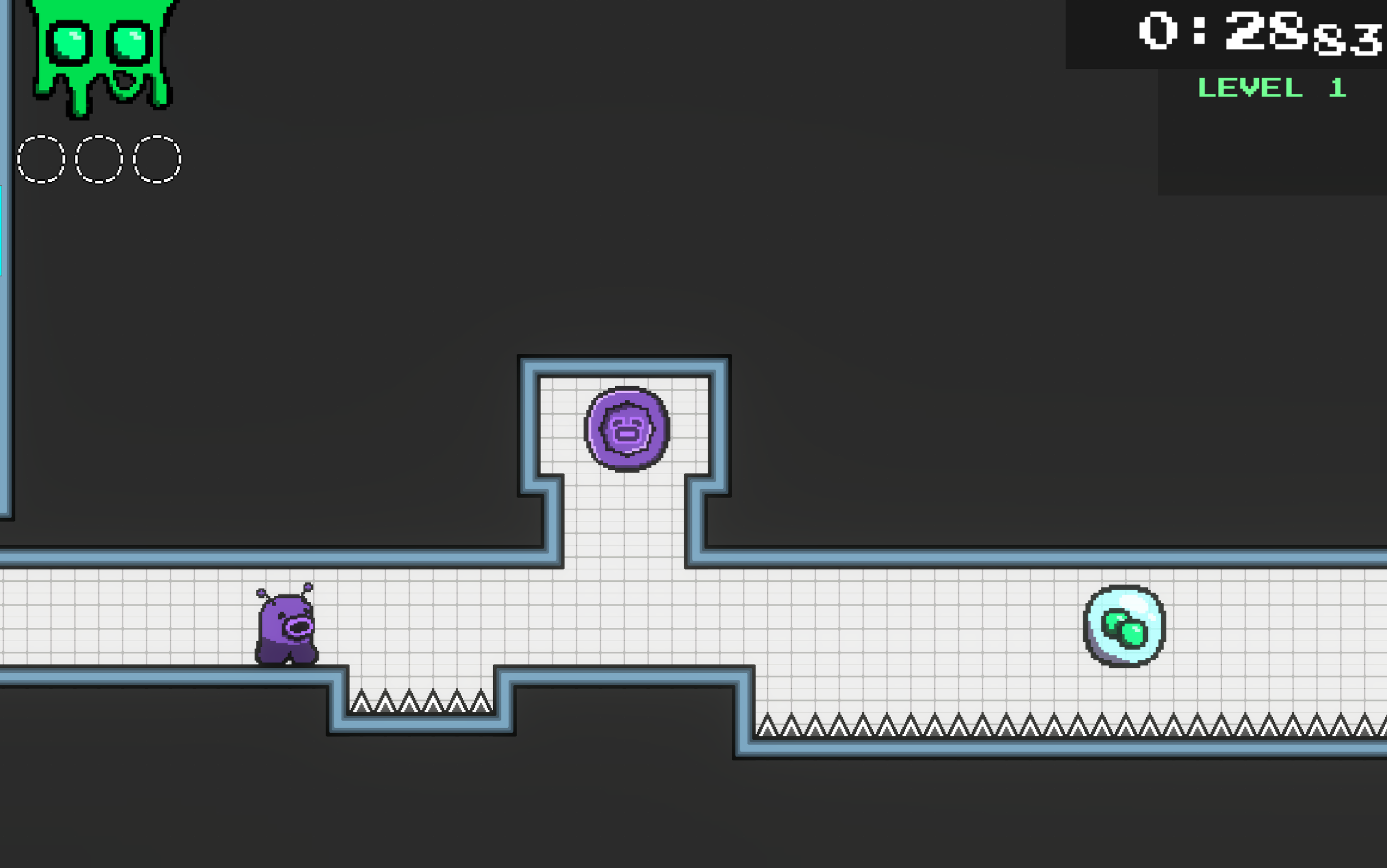 This section requires the player to shoot sideways to propel themselves over the spikes. After shooting horizontally, the player is propelled in the other direction and gravity is briefly ignored, allowing for interesting challenge design.