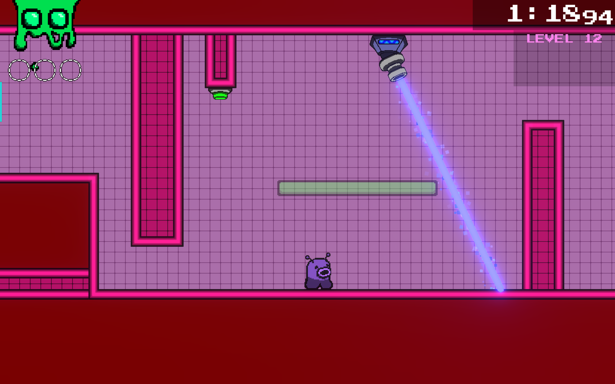 The next room invites a new challenge involving the sweeping laser, requiring the player to jump in at the right time to activate a platform to hide from it. 