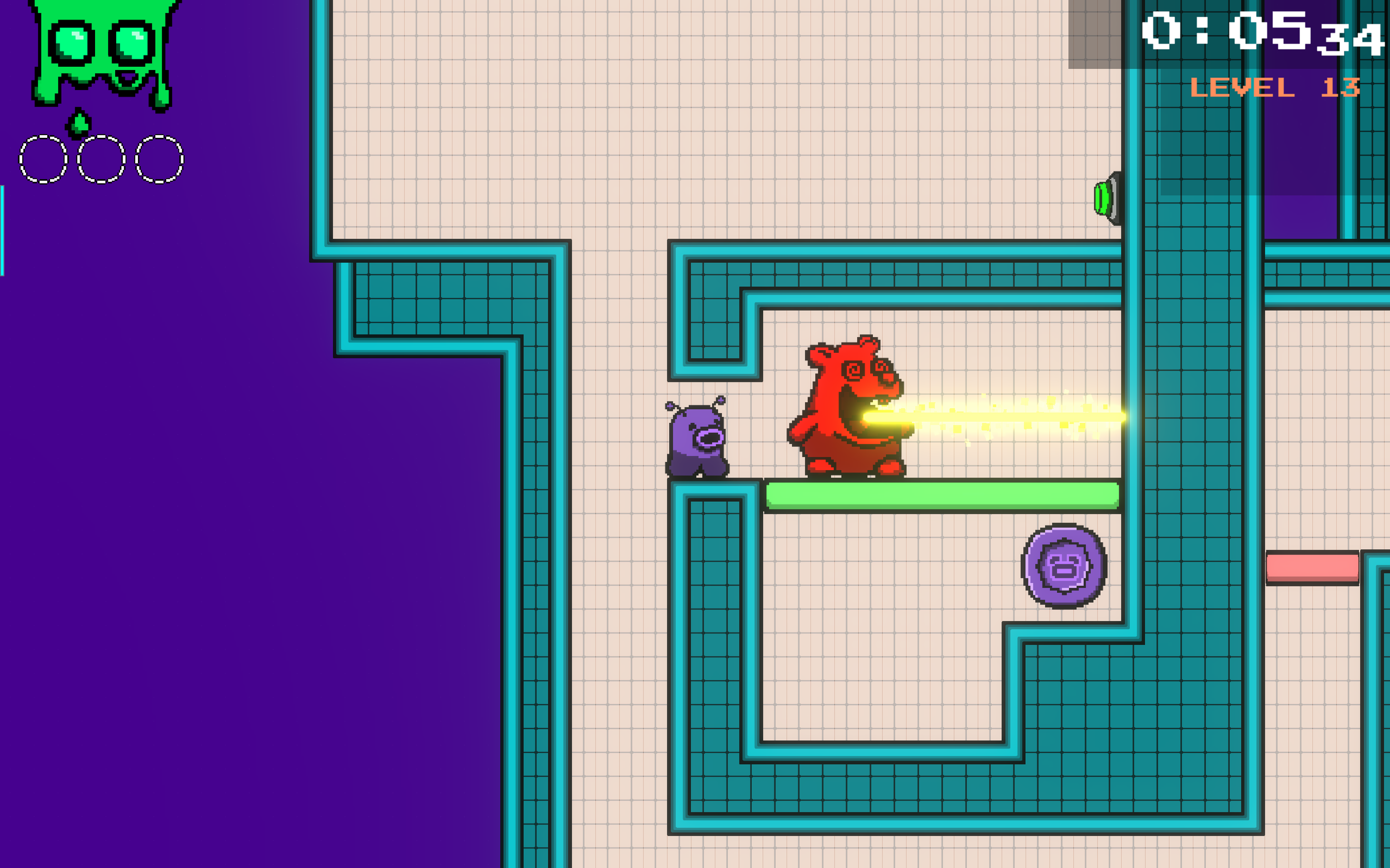 Level 13 introduces laser-spitting hamsters, who spit lasers whenever they turn around. They turn around when they hit a wall or when they reach the edge of a platform. For this coin challenge, the player first needs to deactivate the platform using 