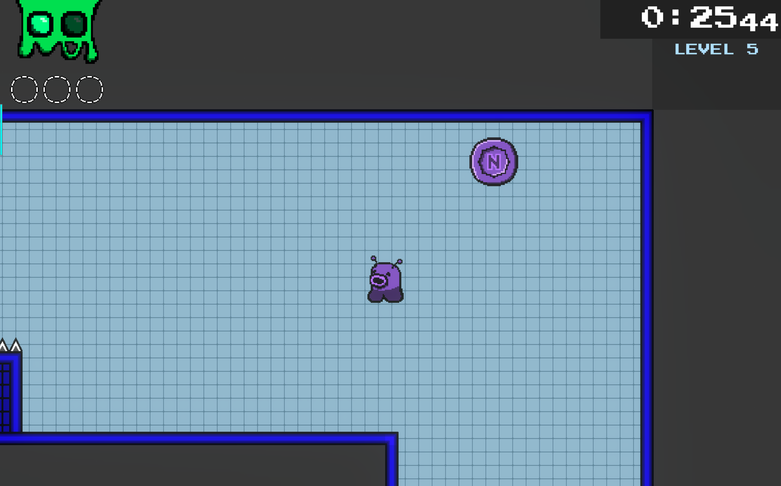 The player must bounce on the trampoline at least once and use several shots to reach the next section.