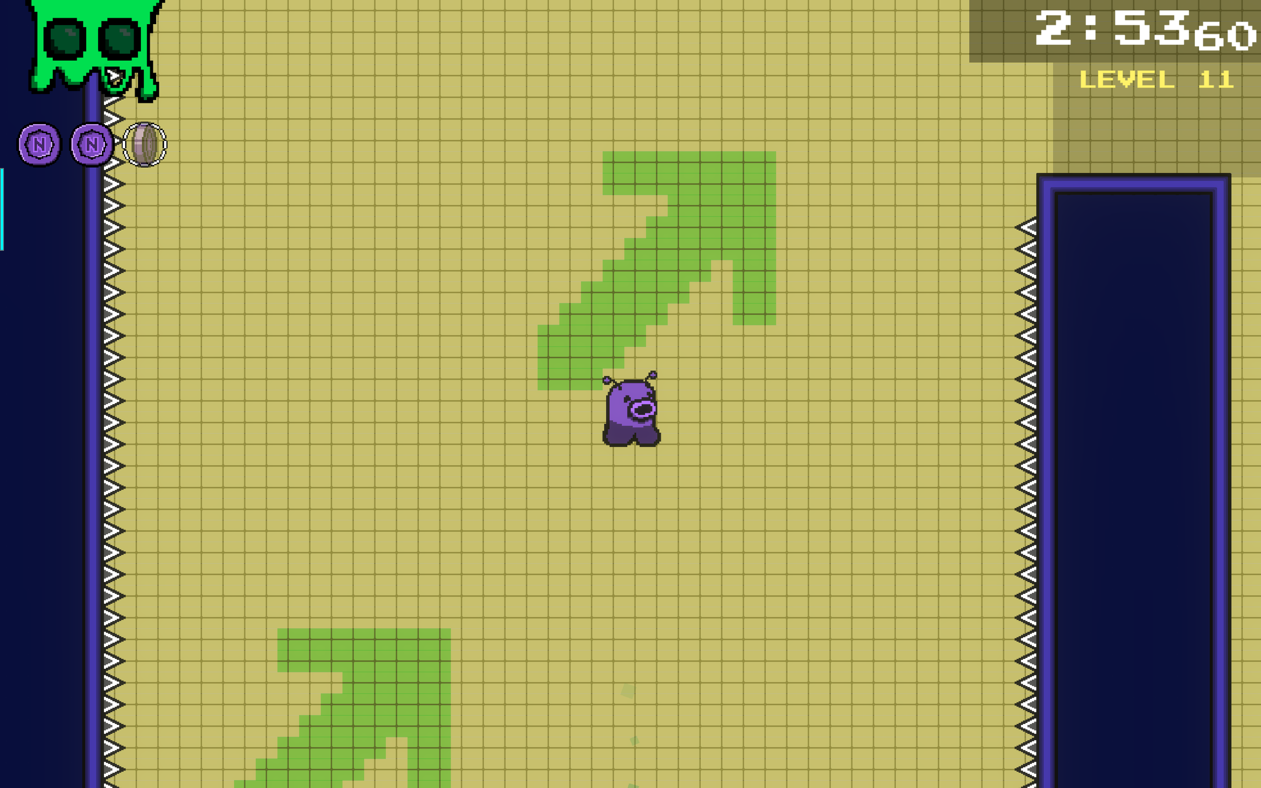 This final room is like the first, where the player must continuously shoot downwards to propel themselves up a tall room. This time, however, a time-based laser shoots down from the top of the level for a split-second at a time. The player needs to 