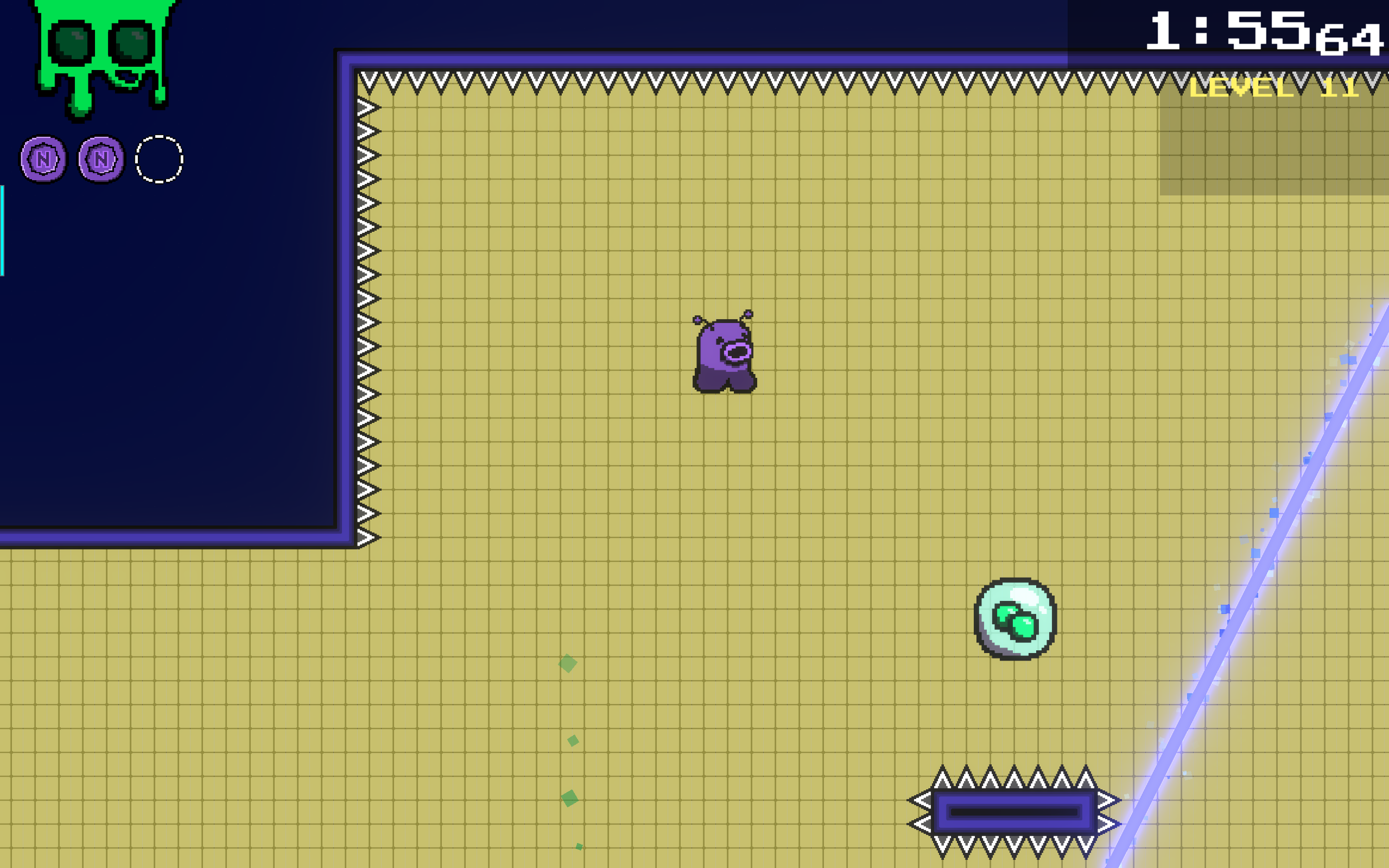 This room twists this new idea, requiring the player to be patient and move through when the sweeping laser moves under the spiky block.