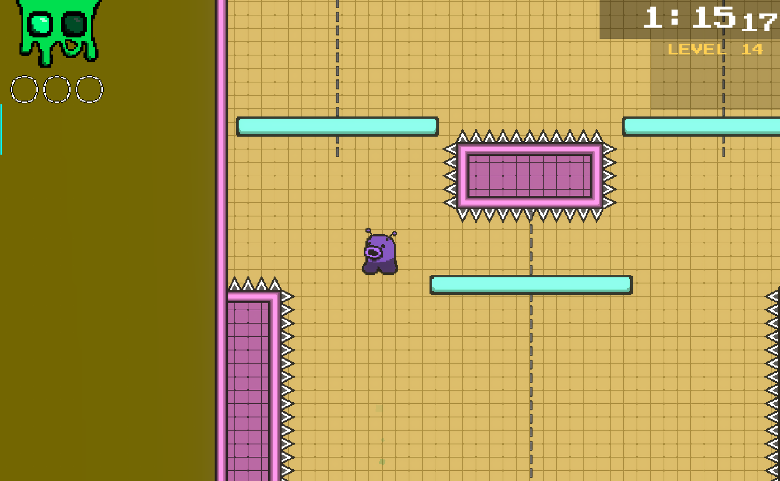 The final room twists this idea, where now the player needs to stay on each platform as long as possible before jumping to the next one. 