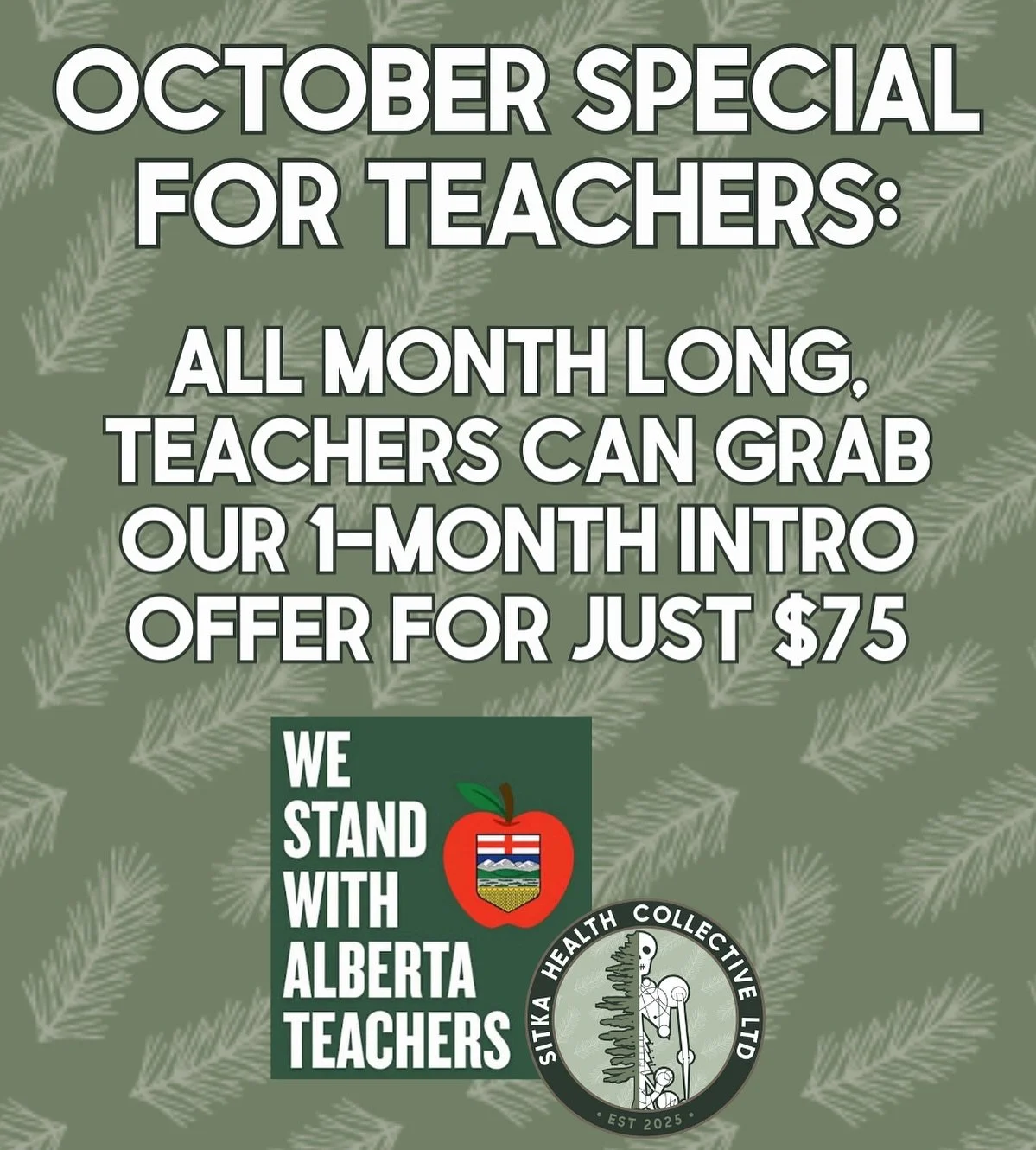 OCTOBER SPECIAL FOR TEACHERS 🍎

All month long ATA members can grab our 1-month intro offer for just $75 &amp; enjoy unlimited classes.

We stand with Alberta teachers 🤍