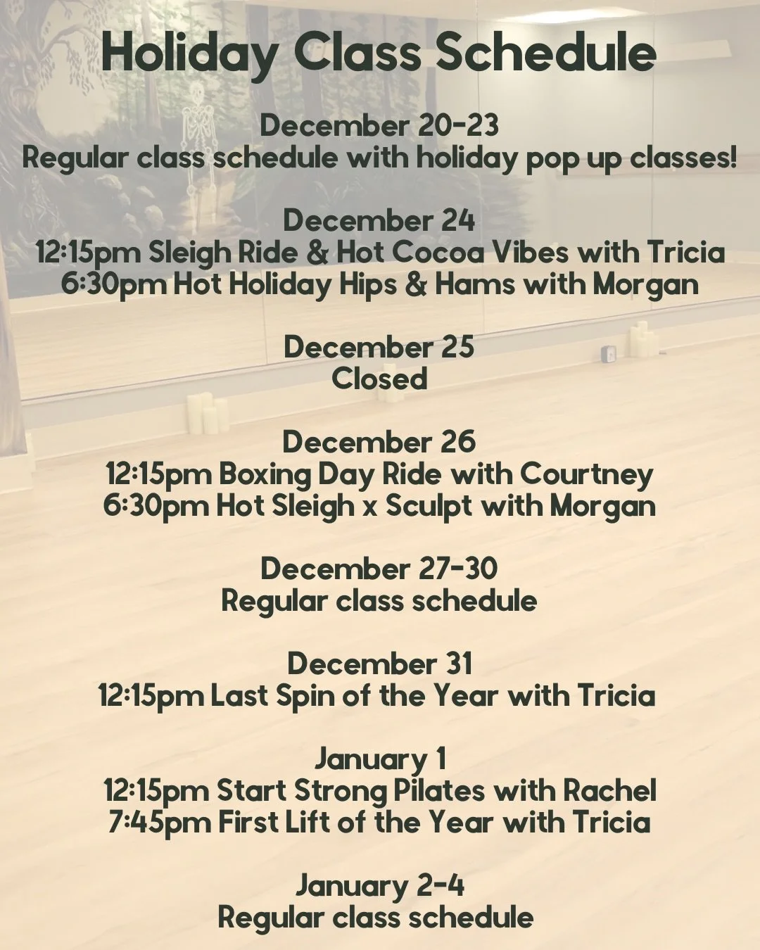 Sitka Holiday Schedule &amp; Pop-Up Classes 💚❤️

We&rsquo;re here to move, stretch, lift, and heal with you all through the holiday season! ✨
 Our doors are open for classes and services every day; just taking a pause on Christmas Day to rest and re