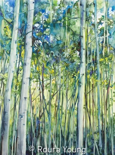 Aspens on the Trail - 24" x 18" -
Watercolor on Yupo -
Available
