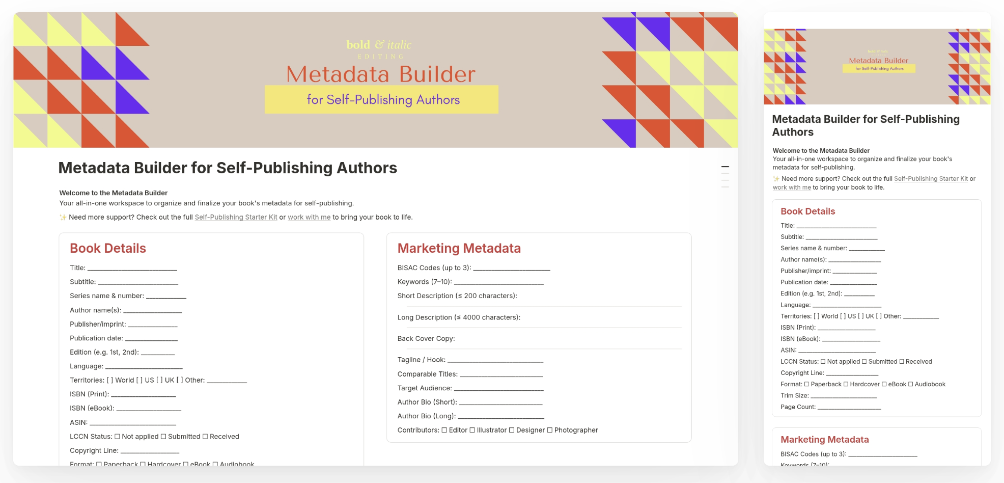 Screenshot of a website titled 'Metadata Builder for Self-Publishing Authors' with sections for Book Details, Marketing Metadata, and Marketing Metadata. The page features a decorative header with colorful triangles.