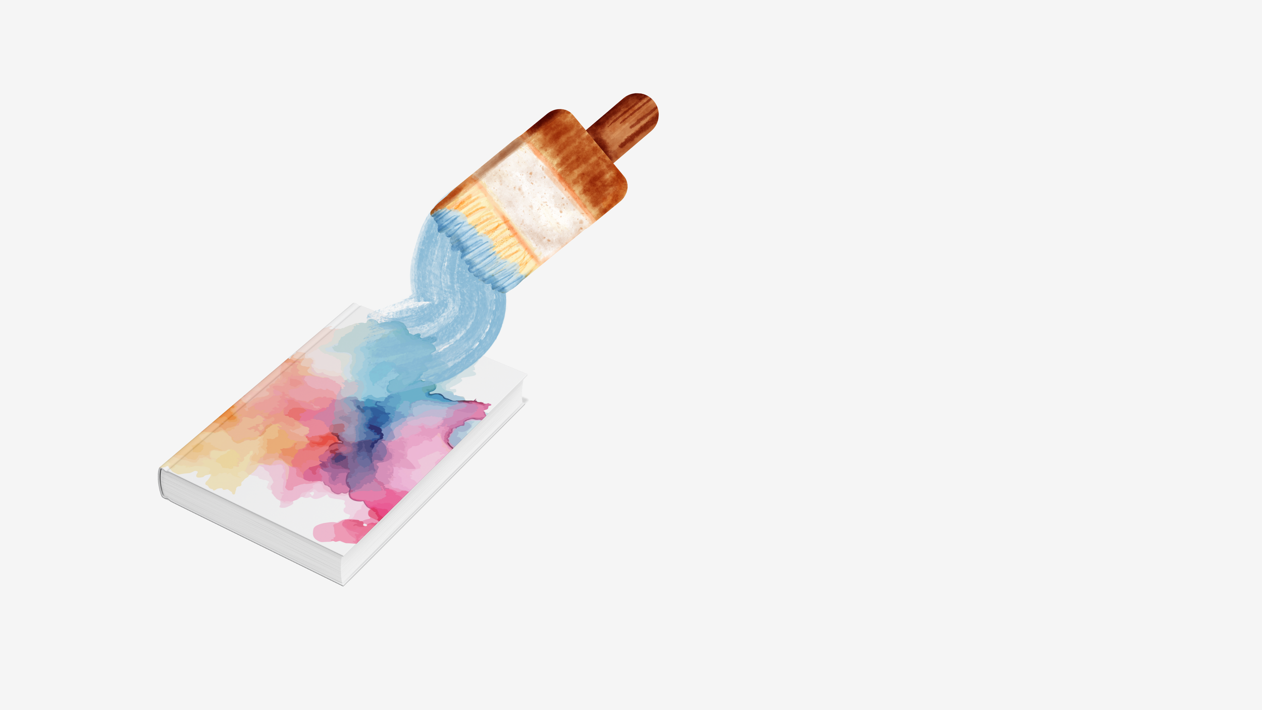 A watercolor-painted book with an abstract colorful design on the cover. A paintbrush with a wooden handle appears to be pouring water or paint onto the book, creating a splash effect.
