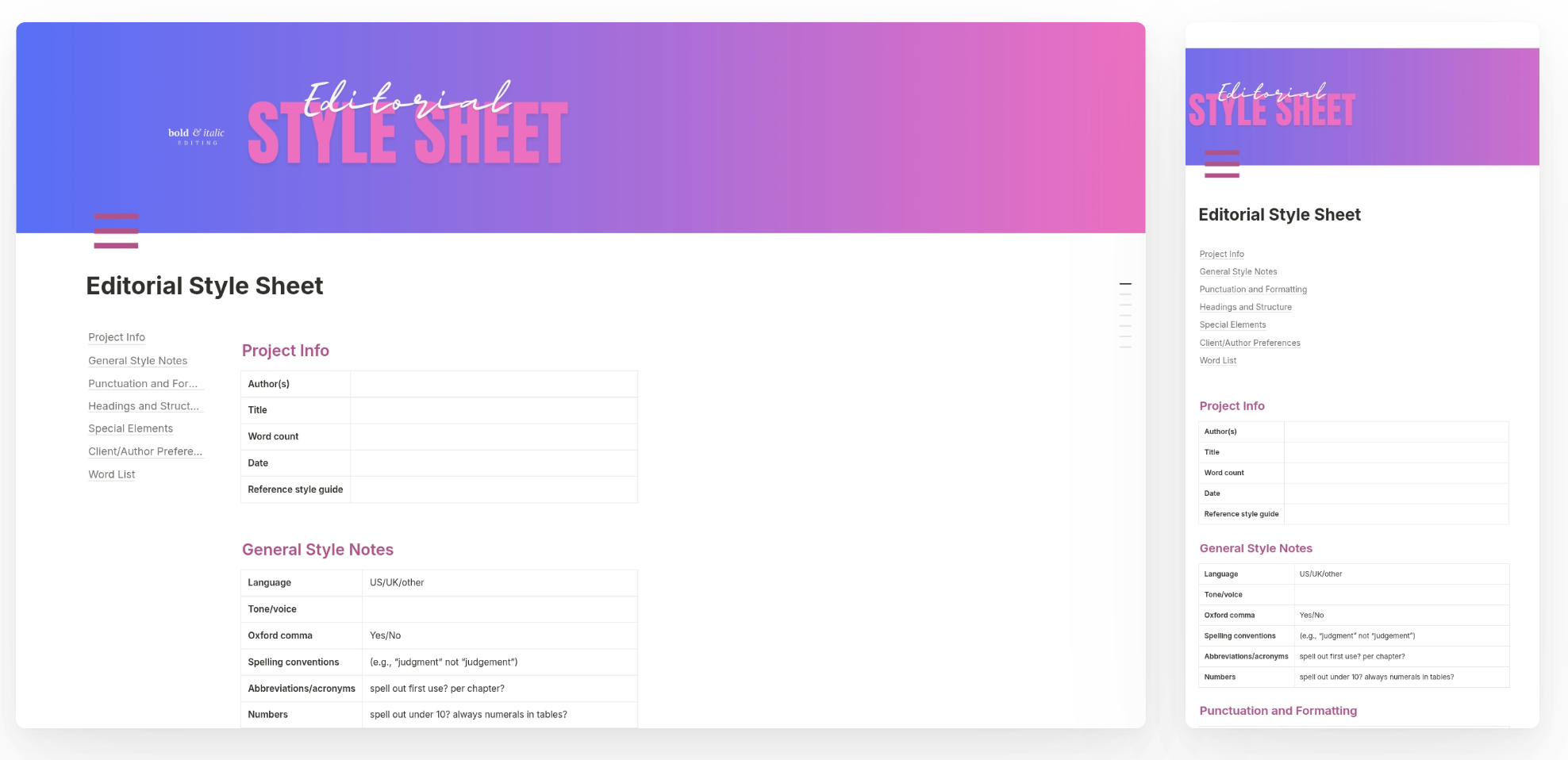 Preview of an editorial style sheet with a pink and purple gradient header, showcasing sections for project info, general style notes, punctuation and formatting, headings and structure, special elements, client/author preferences, and a word list. The layout includes a wider view on the left and a mobile view on the right.