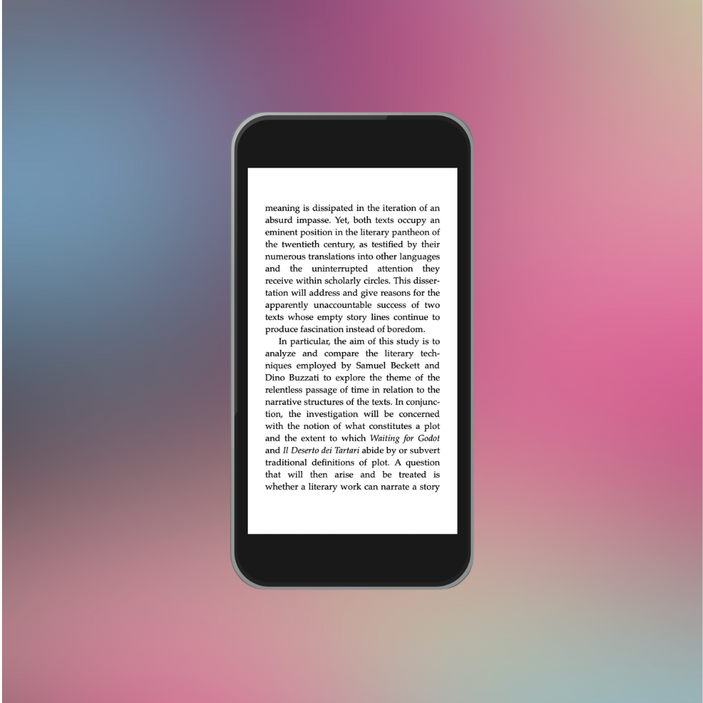 A smartphone displaying a page of text on a gradient background from pink to blue and beige.
