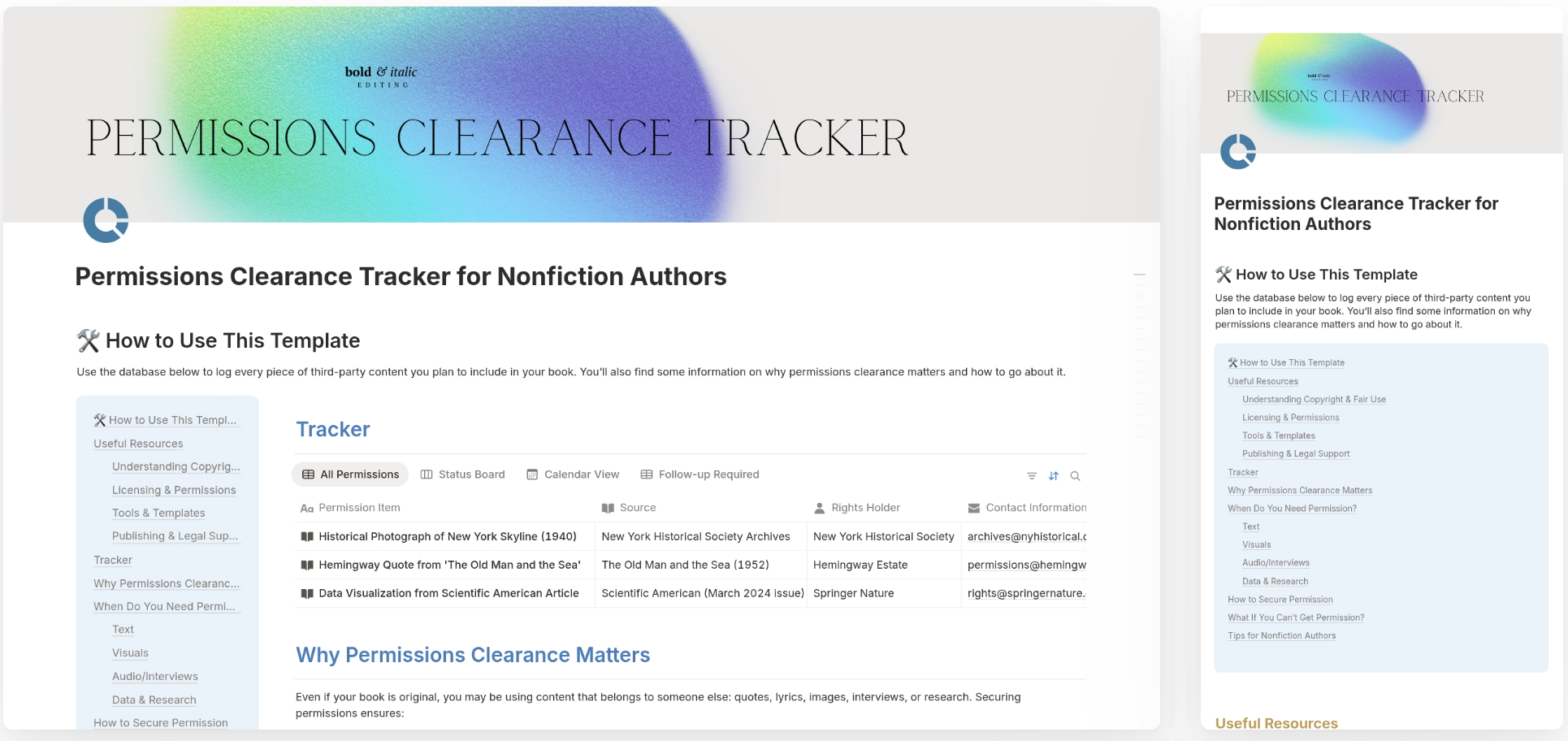 Screenshot of a webpage titled 'Permissions Clearance Tracker for Nonfiction Authors'. The page has a blue and green abstract background at the top, with sections including 'How to Use This Template', a tracker table with permission items, source, rights holder, and contact info, and additional resources on permissions and copyright.