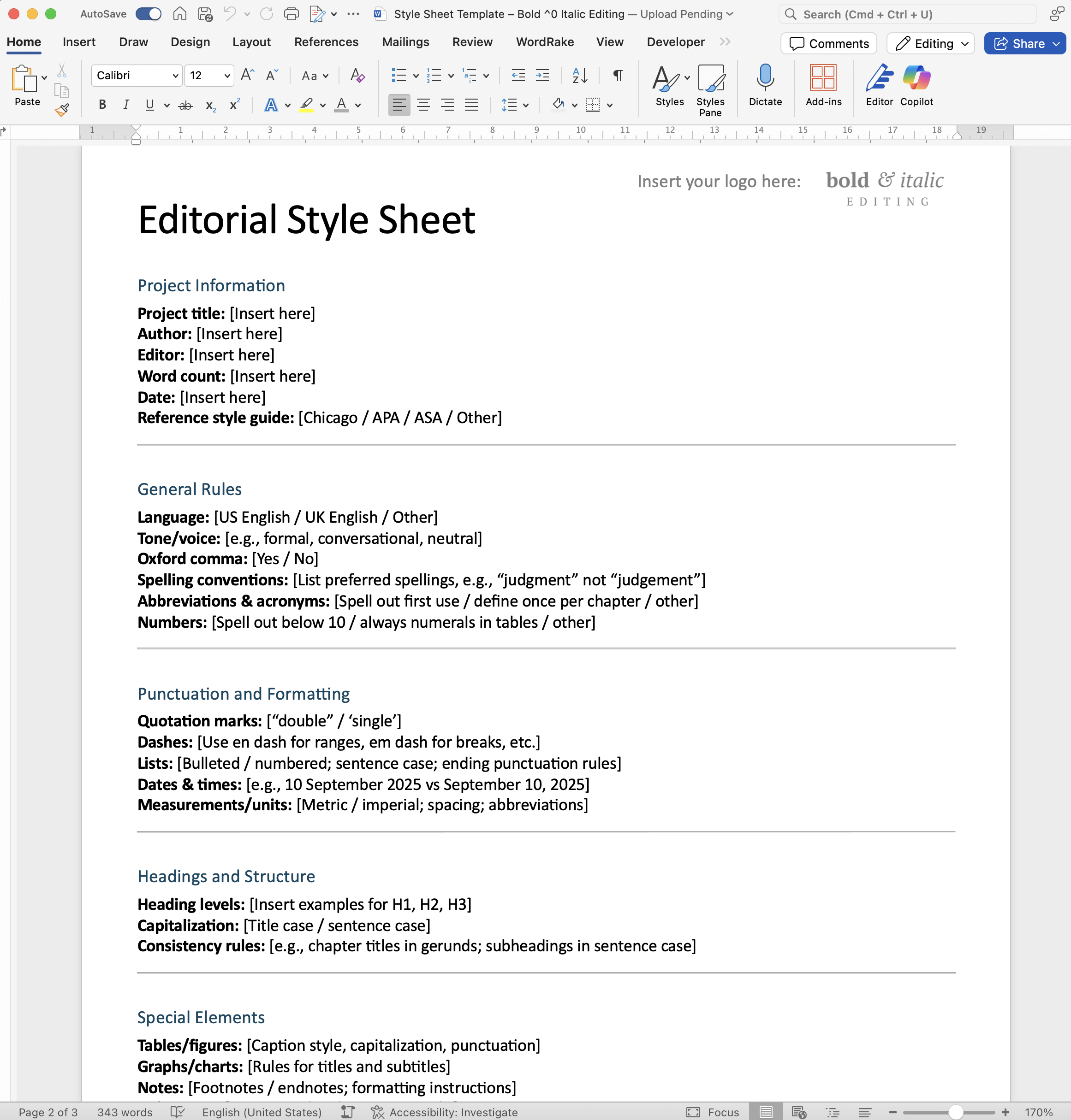 Screenshot of a Microsoft Word document titled 'Editorial Style Sheet' with sections on project information, general rules, punctuation and formatting, headings and structure, and special elements.