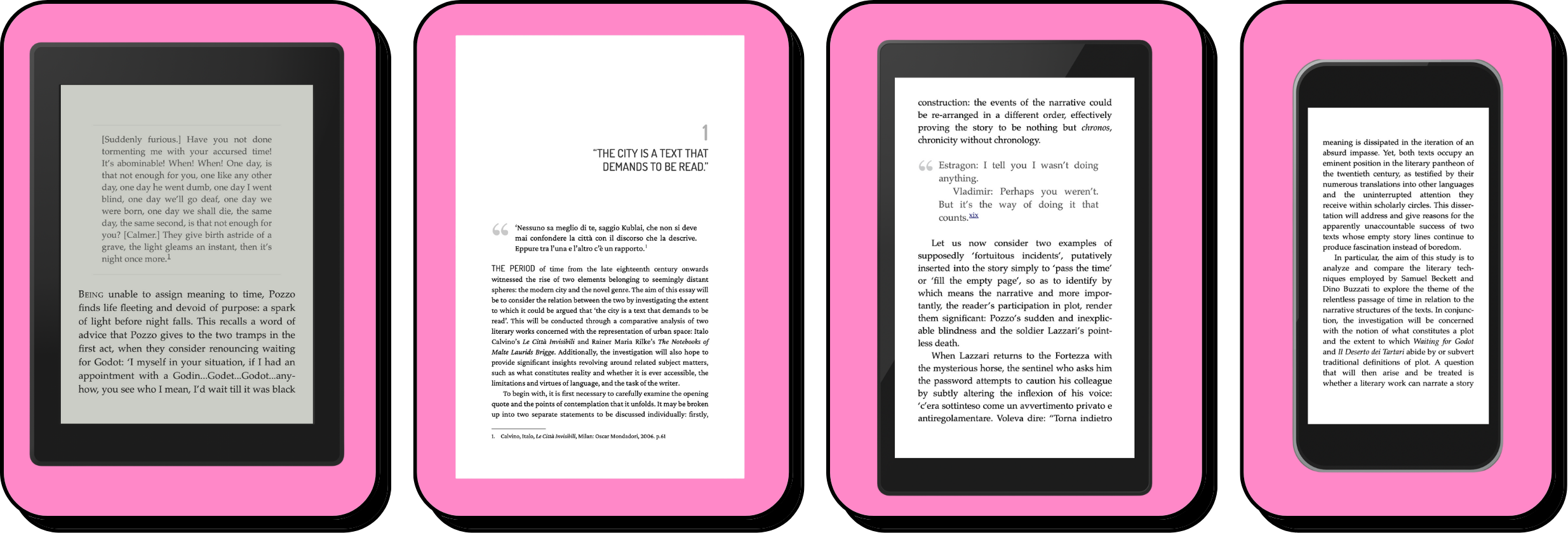 Image showing four electronic devices, including e-readers and a smartphone, each displaying different pages of text against a pink background.