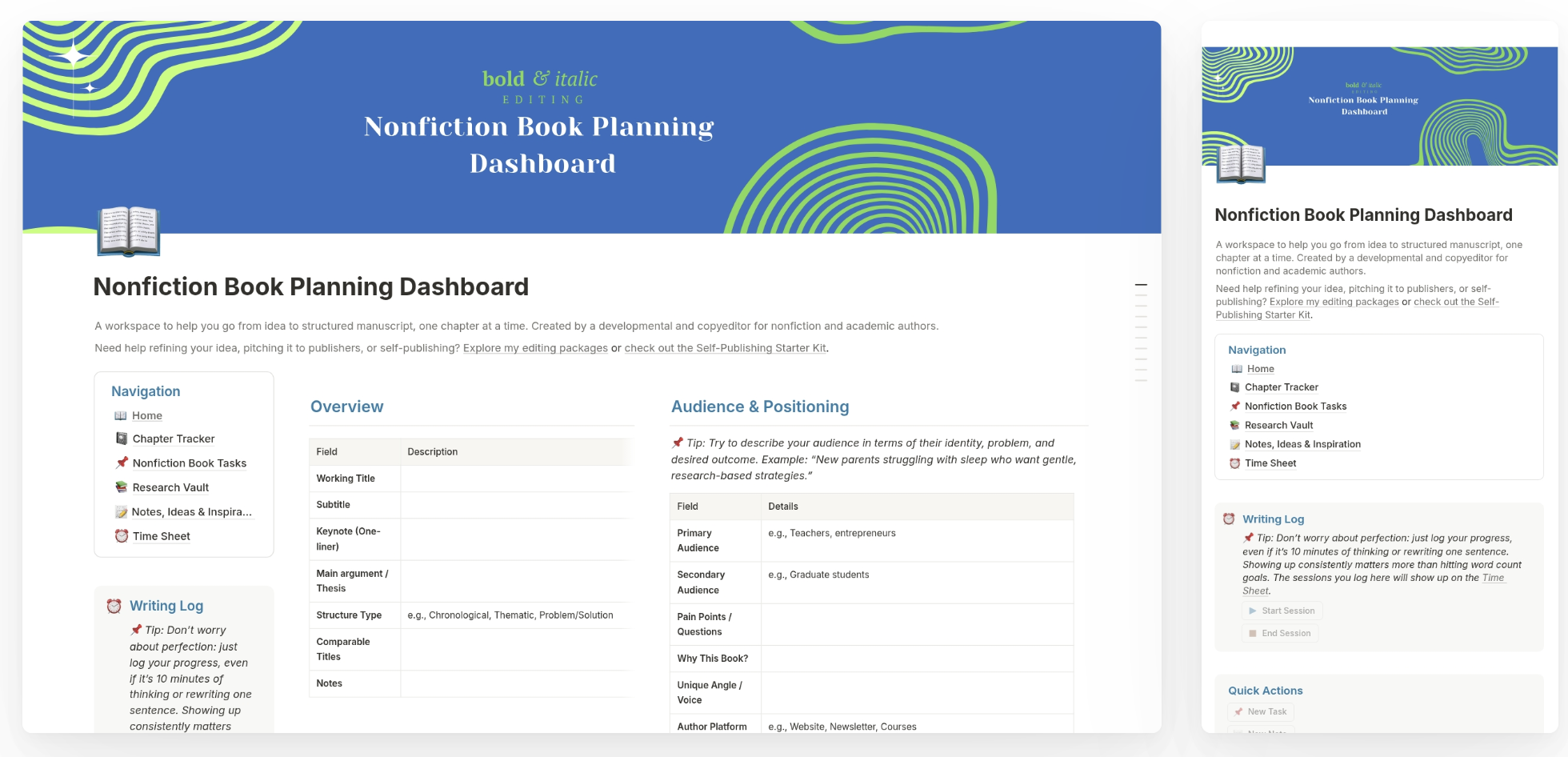 A digital screenshot of a nonprofit book planning dashboard with a blue header containing green curved lines and an open book icon. The page includes sections titled 'Navigation,' 'Overview,' and 'Audience & Positioning,' with organized tables and tip notes for planning a nonfiction book.