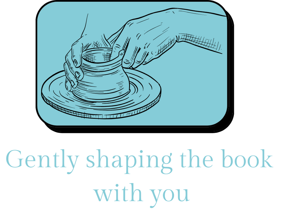 Illustration of a person shaping a book with their hands on a spinning turntable