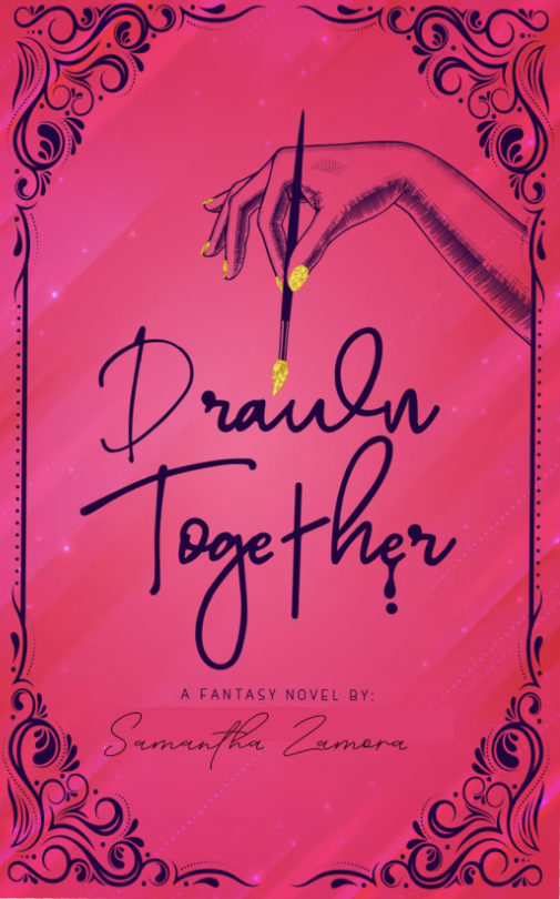 Book cover titled "Drawn Together" showing a stylized female hand with yellow nails and a ring, holding a drawing compass that forms the letter 'T' in 'Together,' framed by decorative black swirls on a pink background with sparkles.