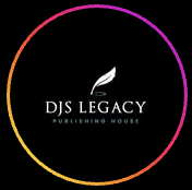 Logo for DJ's Legacy Publishing House with a black background, a white leaf icon, and colorful circular border.