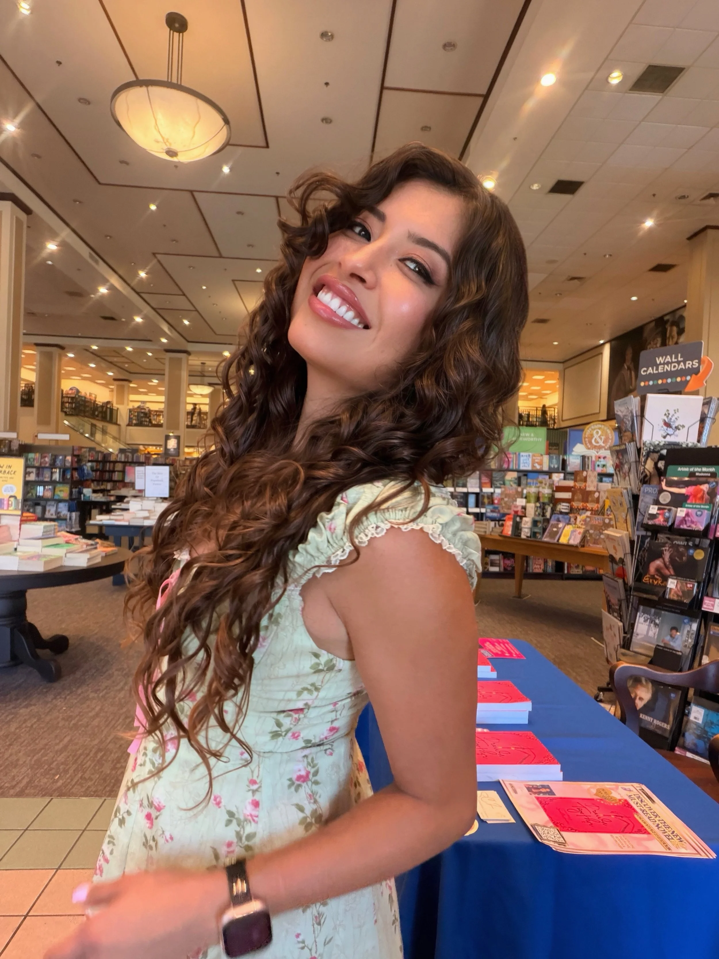Author Samantha Zamora wearing her Lacemade signing-day dress at Barnes & Noble at The Promenade at Westlake.