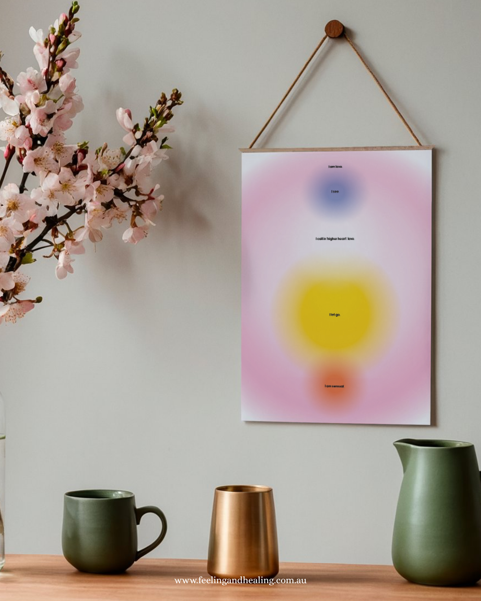 Aura Poster Affirmations Tarot Psychic Custom Graphic with Blossoms hanging on wall