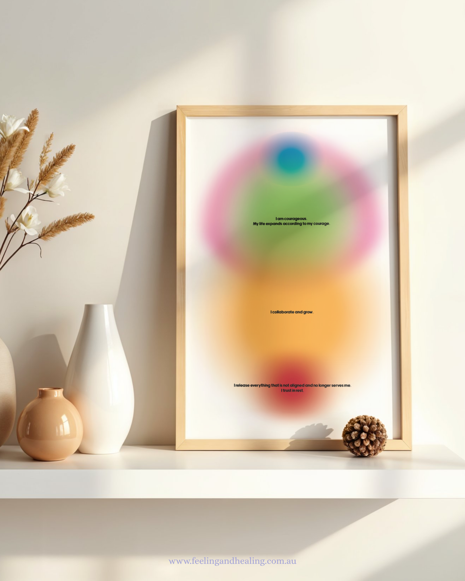 Aura Poster Affirmations Tarot Psychic Custom Graphic  on shelf with vase and organic decor
