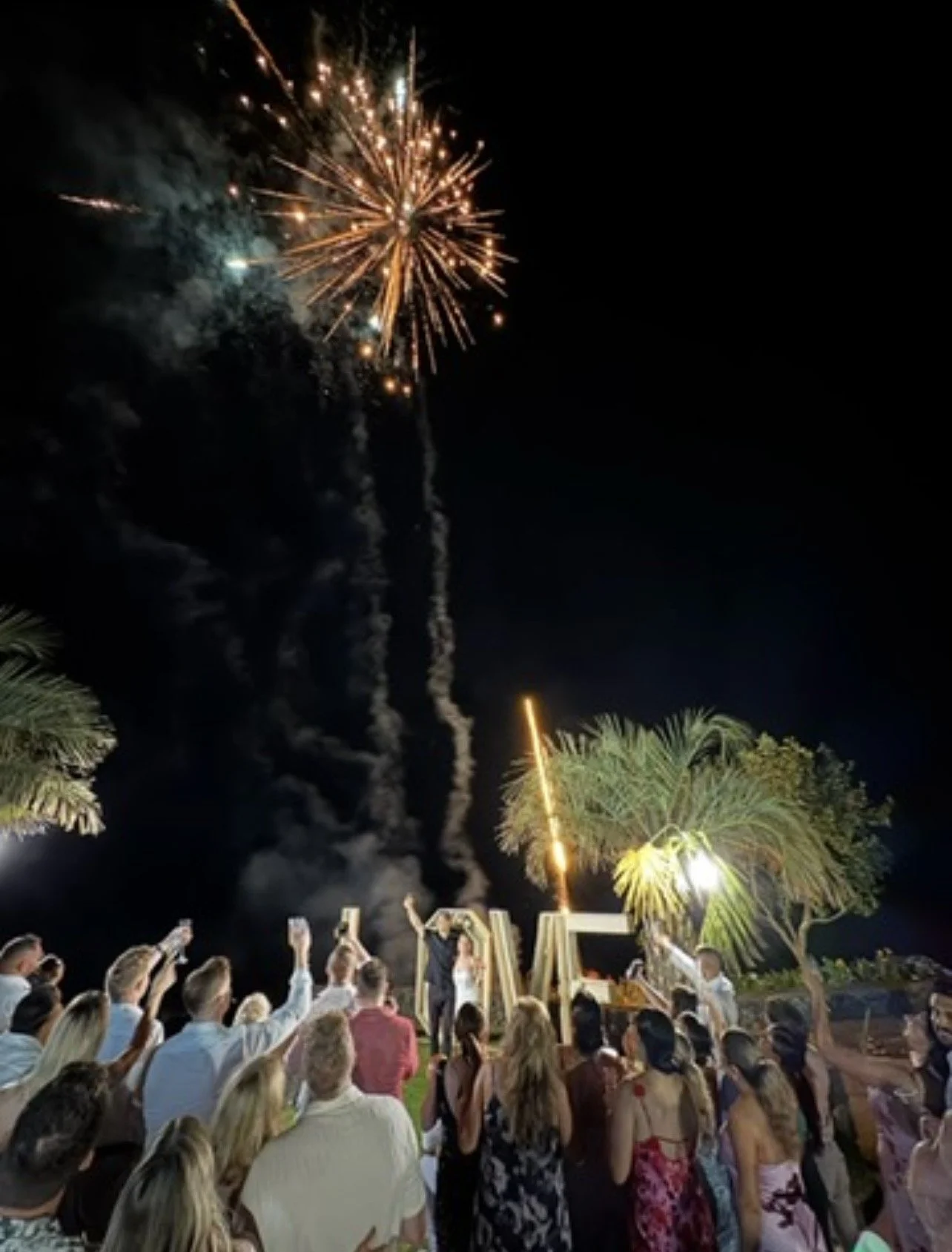Crowd of people watching fireworks display at night, with large illuminated letters spelling 'LOVE' and palm trees in the background.