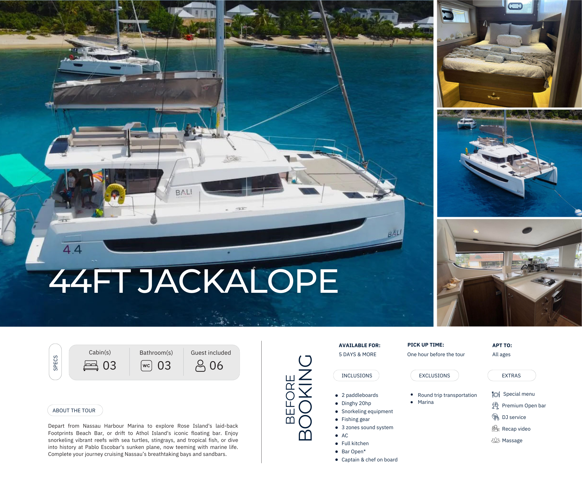 A white 44ft catamaran named Bali is anchored in a clear blue ocean near a beach with green trees and houses in the background. The boat has a spacious deck, a flybridge, and an open layout.