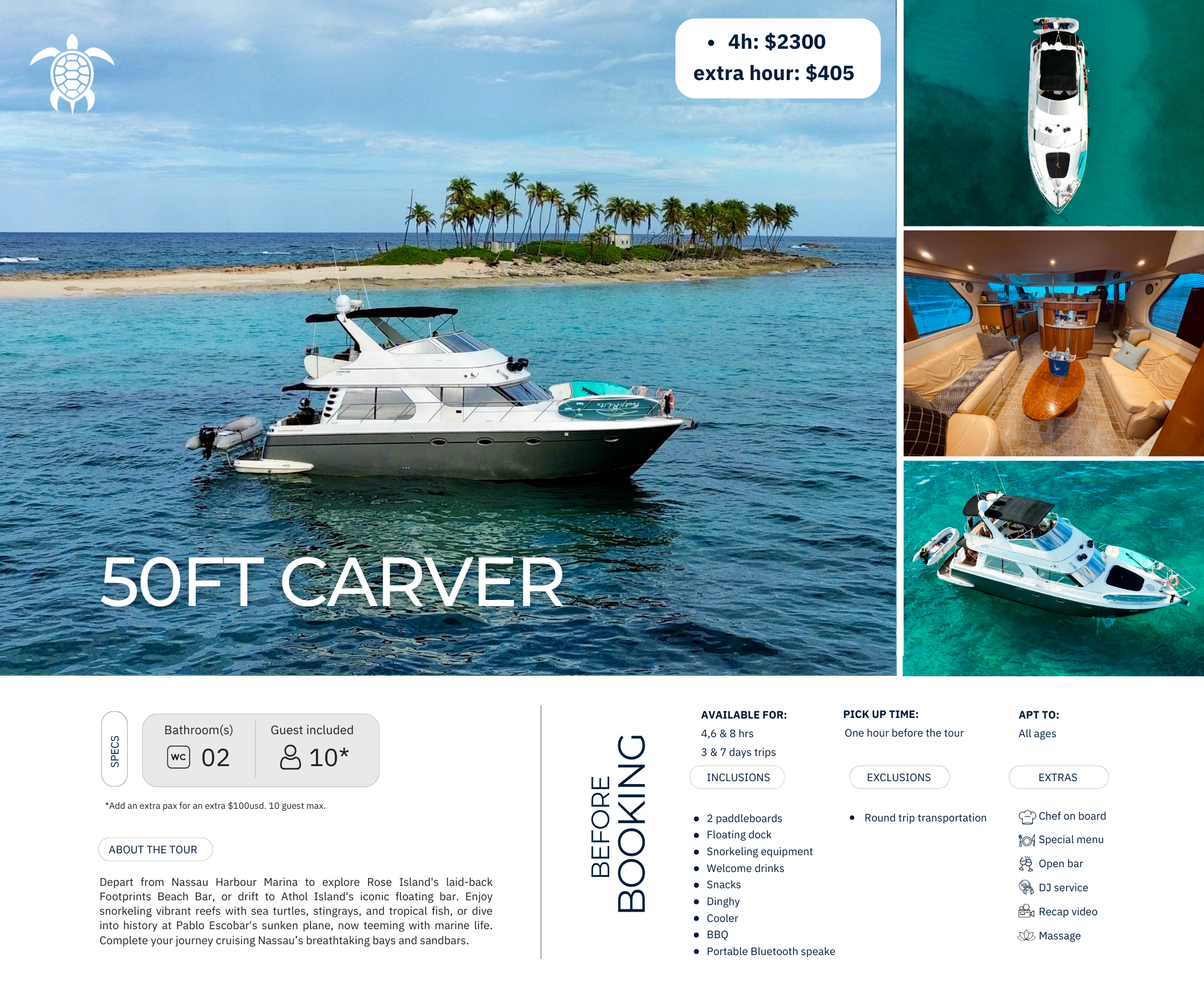 A luxury yacht on the water with a tropical island and palm trees in the background, featuring a spacious, well-furnished interior with leather seating and a wood coffee table, and a top-down view of the yacht.