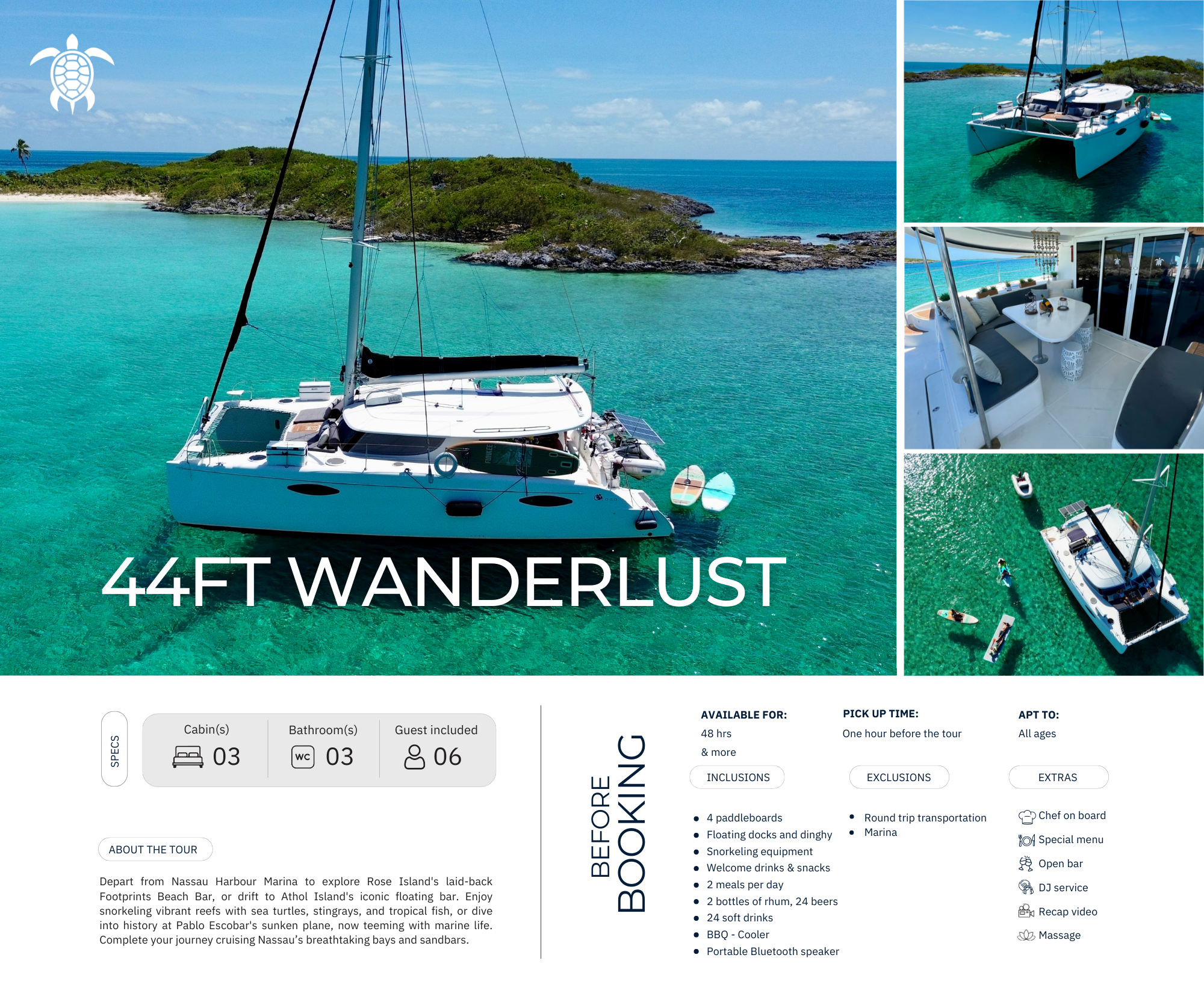 A collage of images of a large white sailing yacht with a lush island and turquoise water background, including aerial views of the yacht's interior and exterior, and water activities around the yacht.